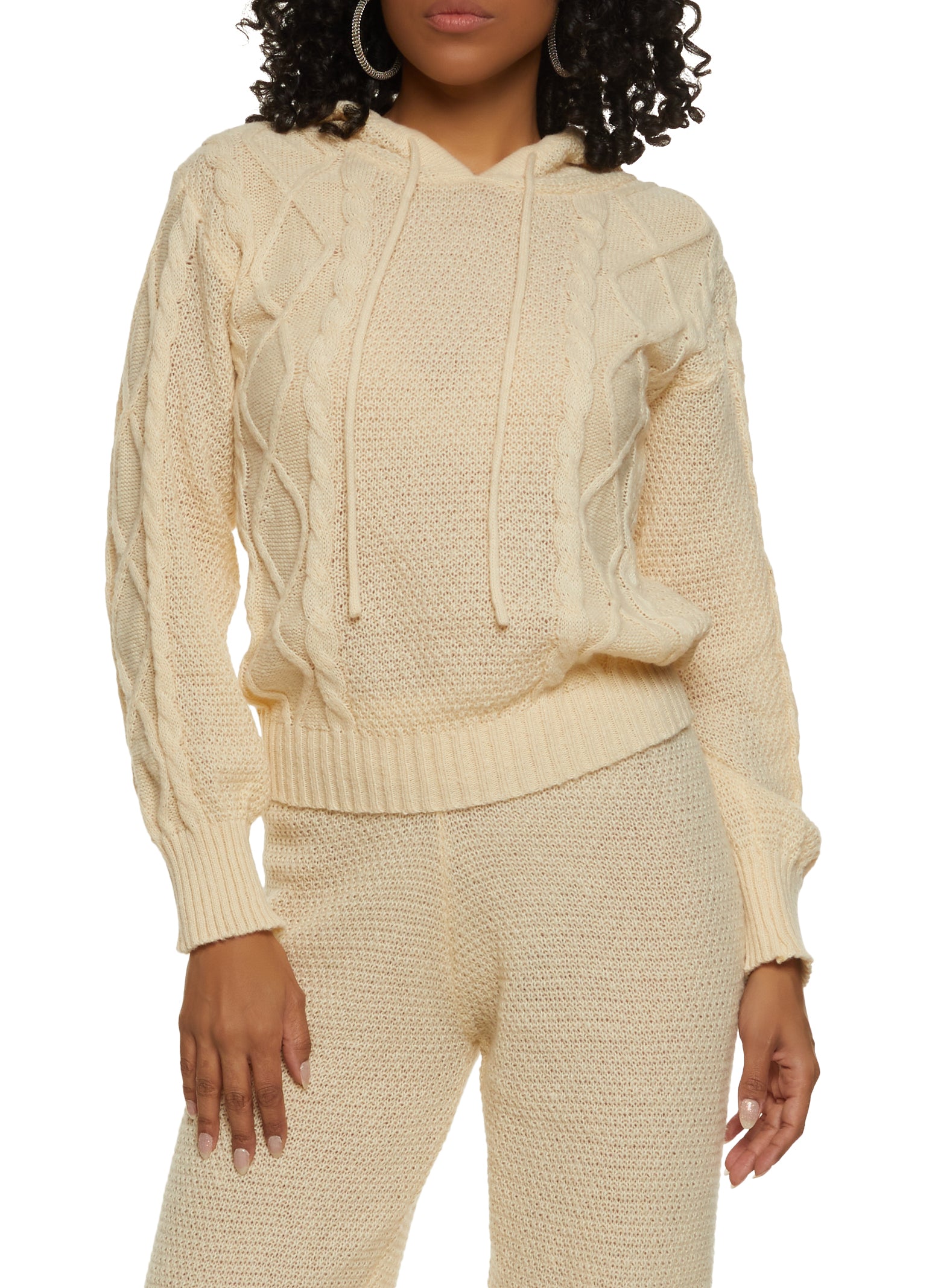 Womens Cable Knit Pullover Hoodie, Beige,