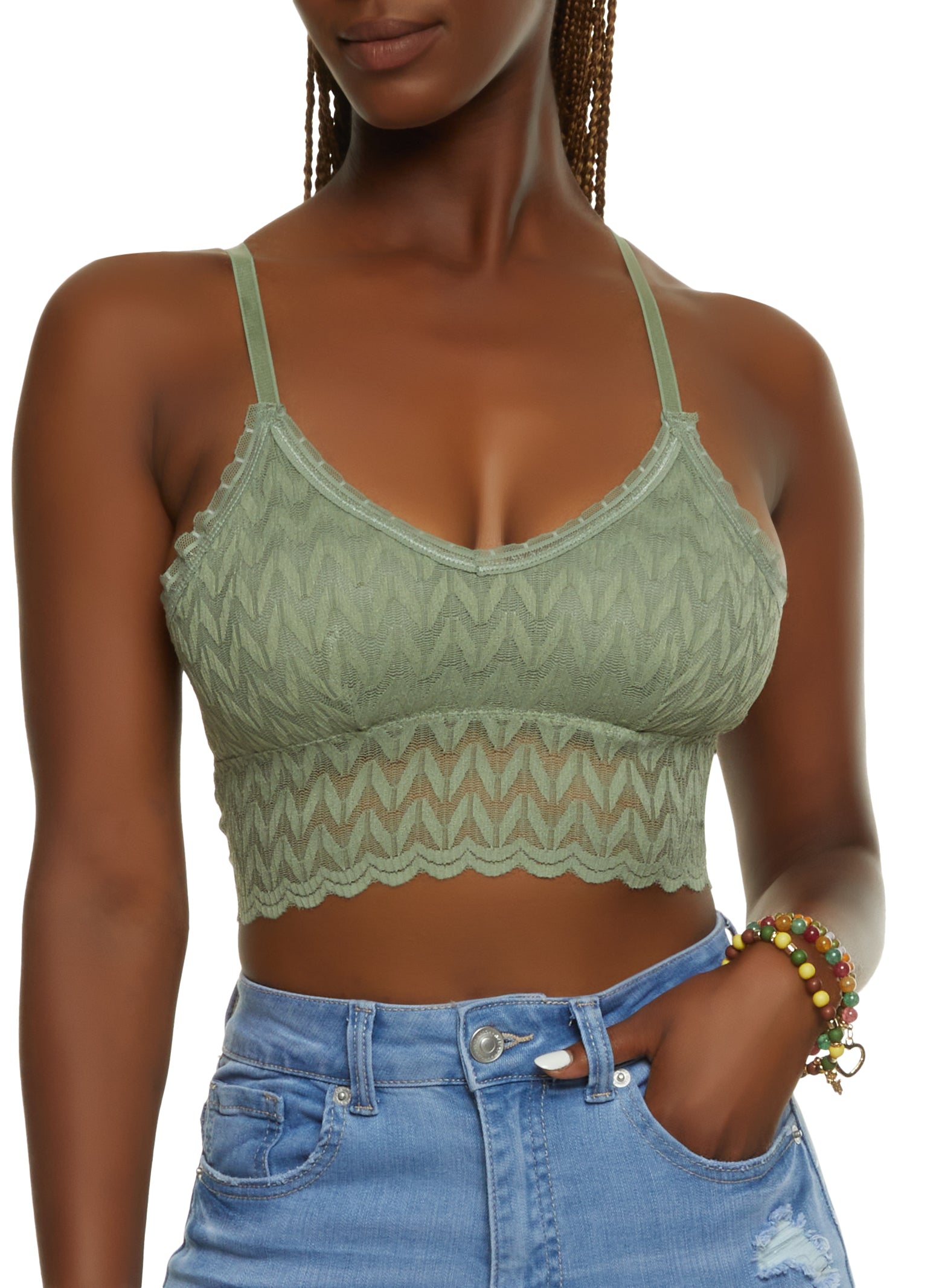 Rainbow Shops Womens Scalloped Trim Lace Bralette Top, Green, Size