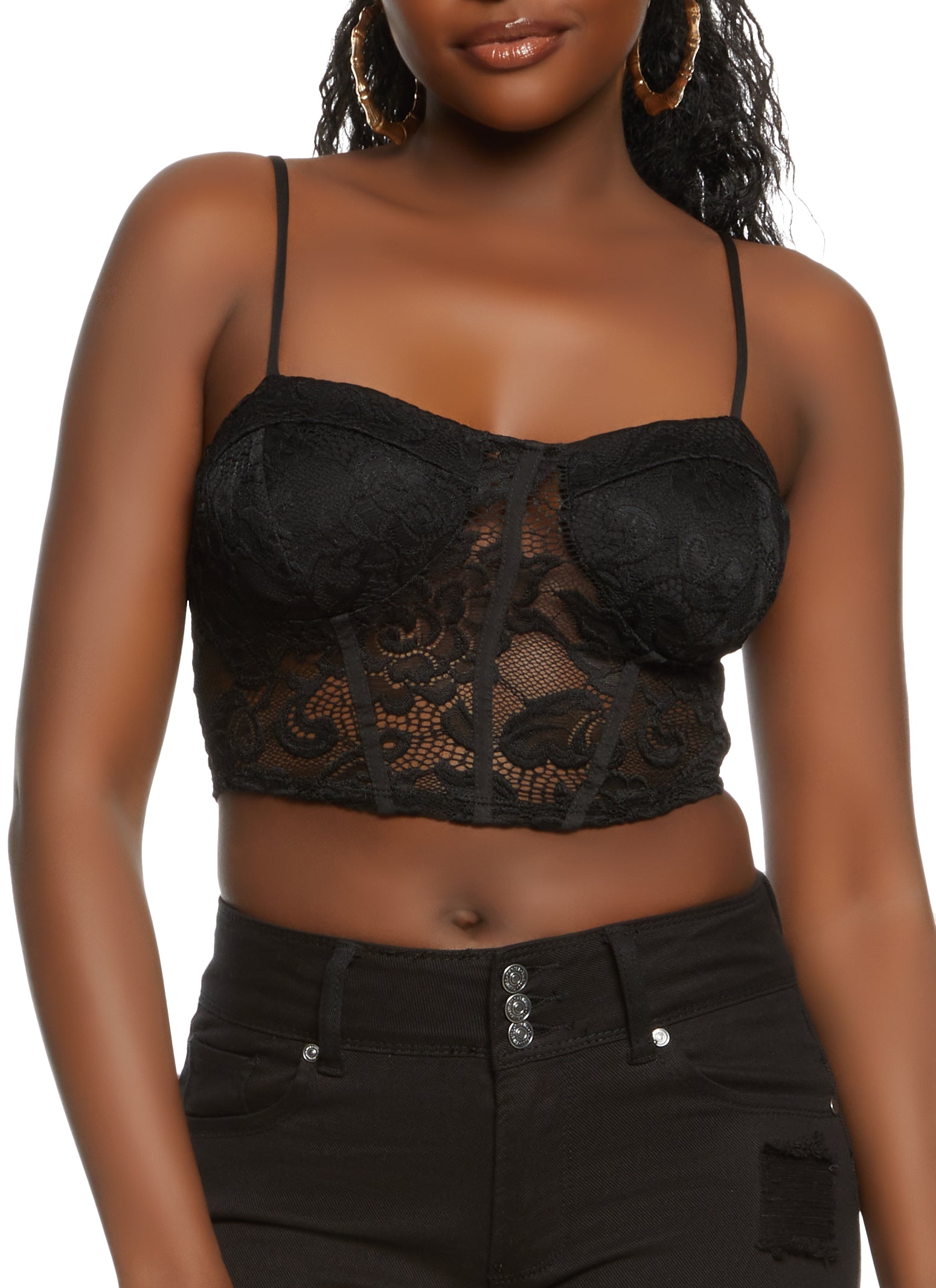 Womens Floral Lace Bustier Top, Black, Size L