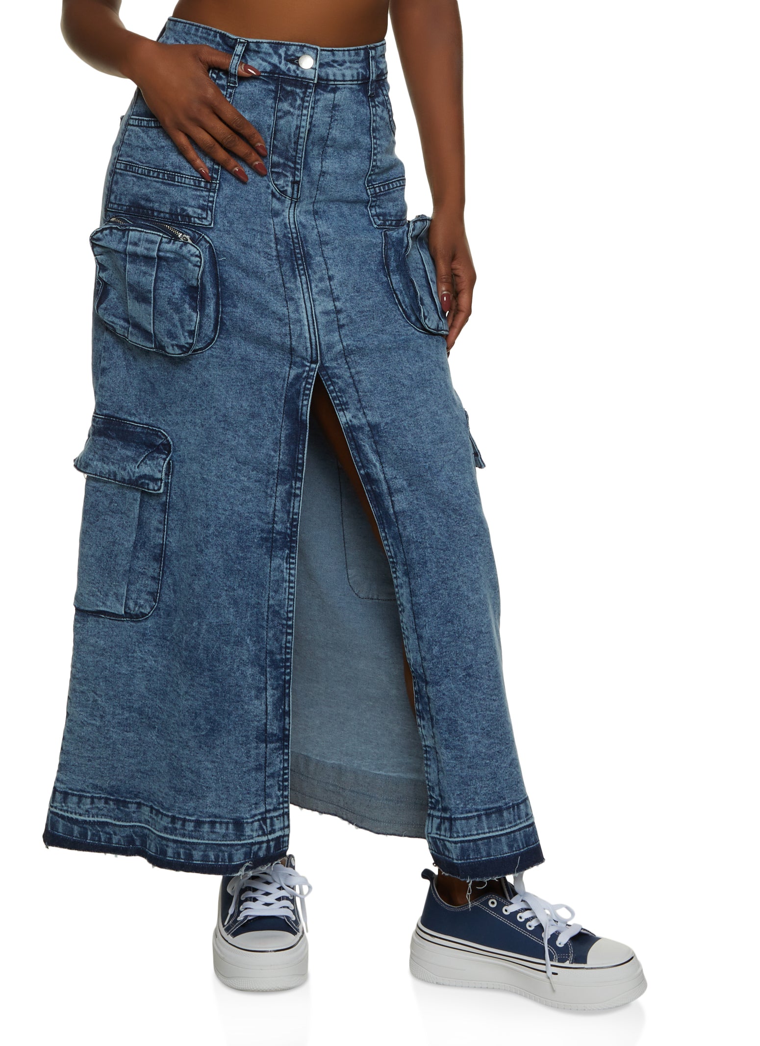 Womens Denim Acid Wash Cargo Maxi Skirt, Blue,