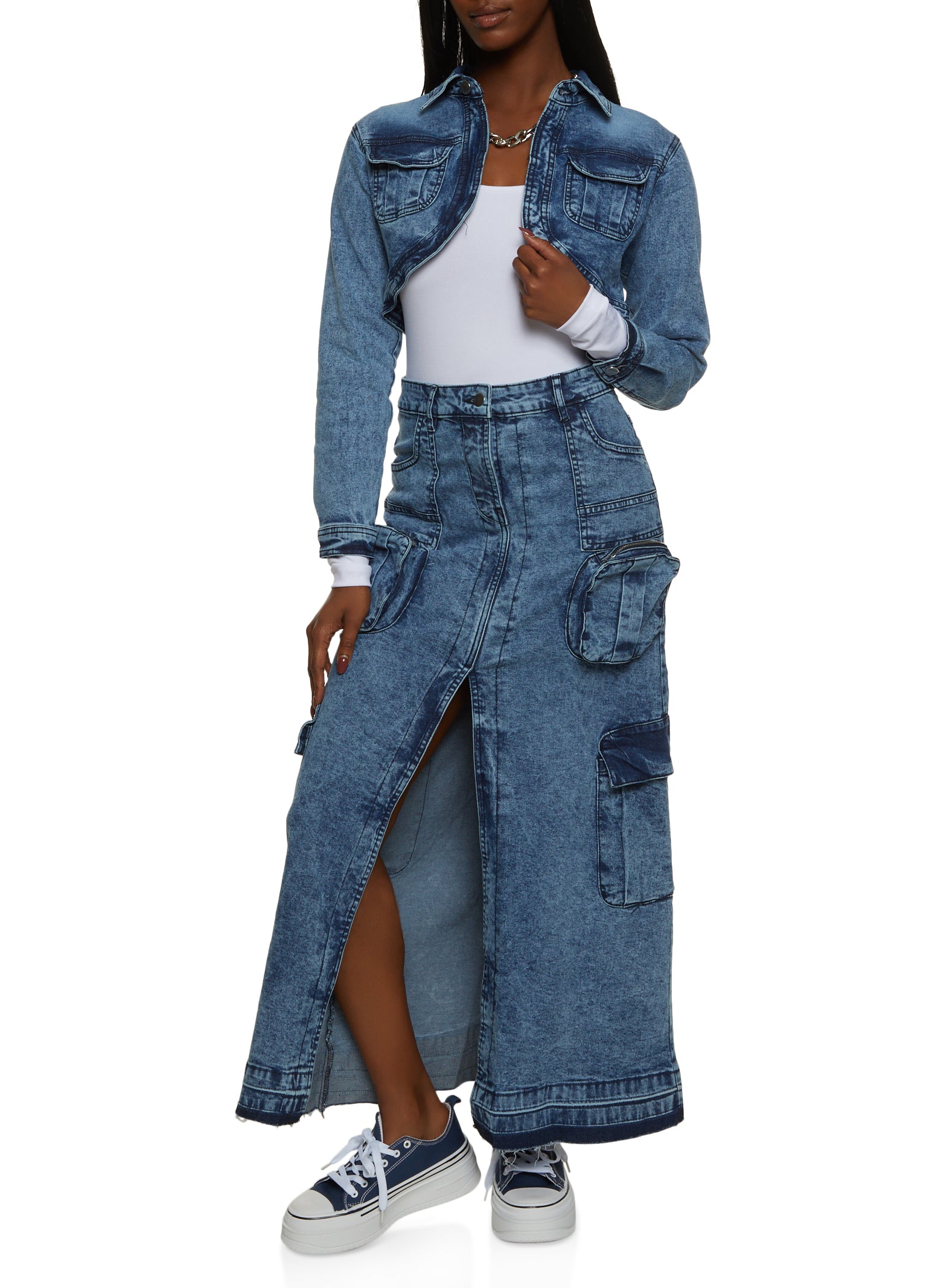 Womens Denim Acid Wash Cargo Maxi Skirt, Blue,