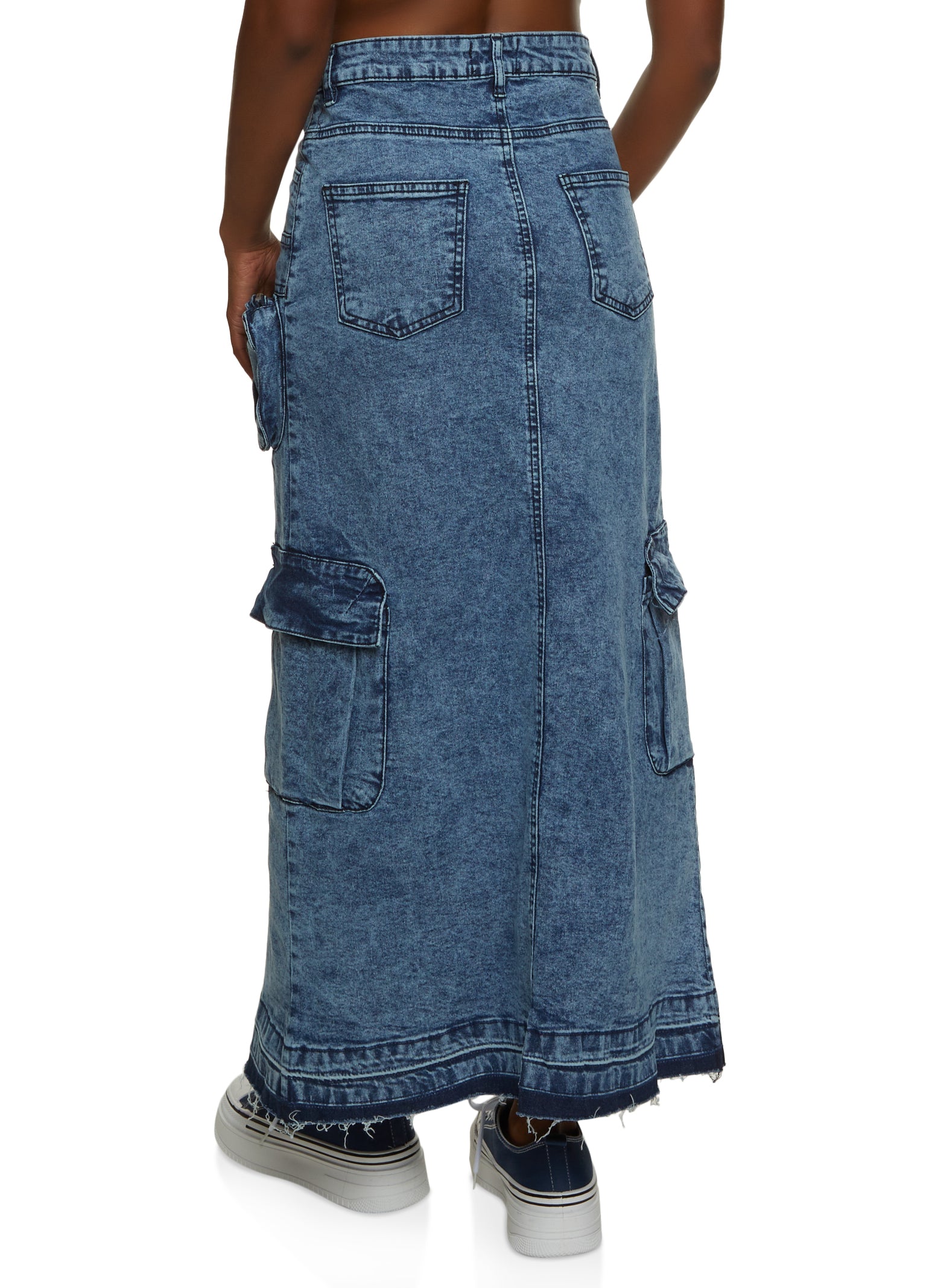 Womens Denim Acid Wash Cargo Maxi Skirt, Blue,