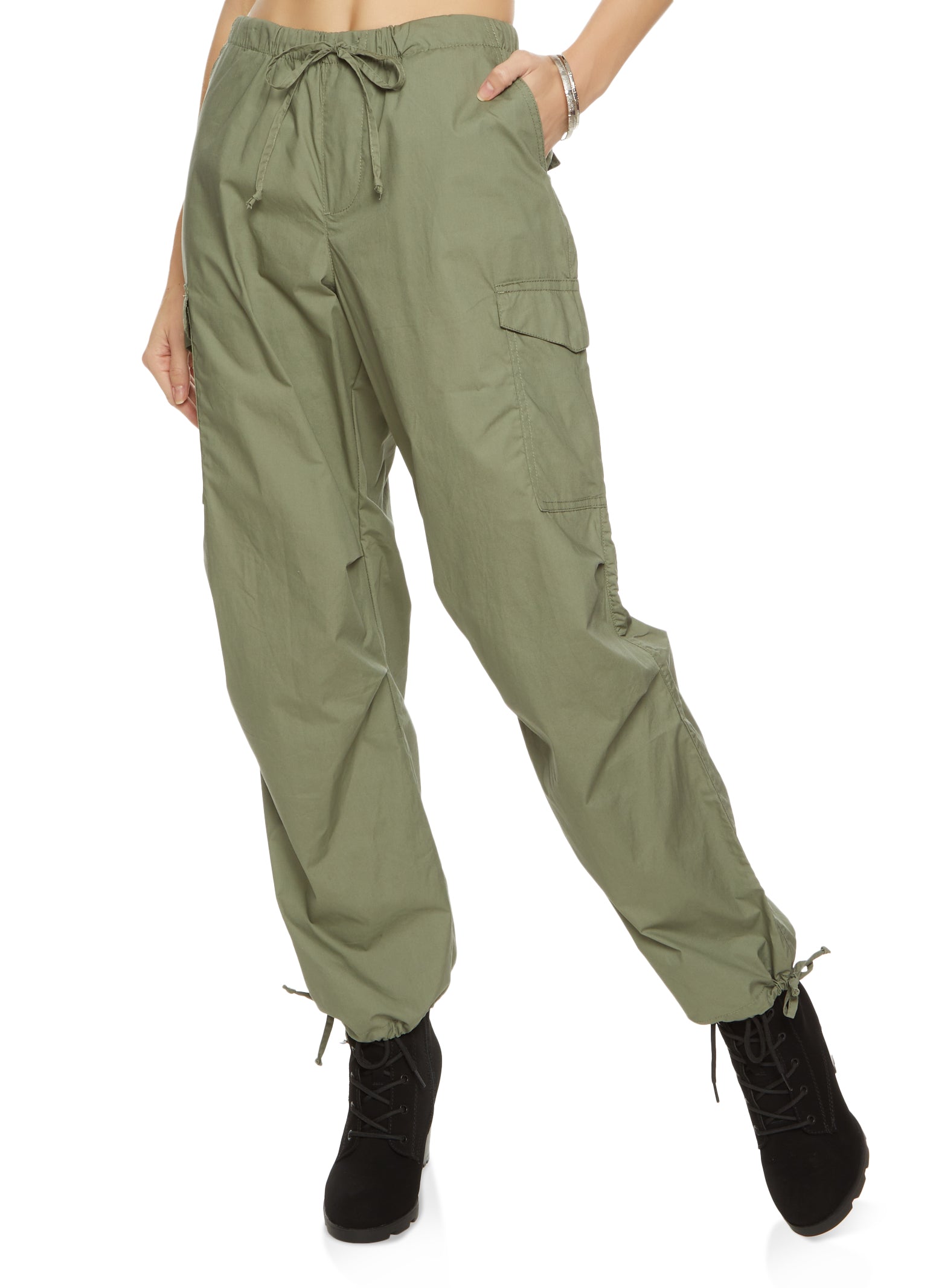 Womens Nylon Drawstring Cargo Pants, Green, Size L