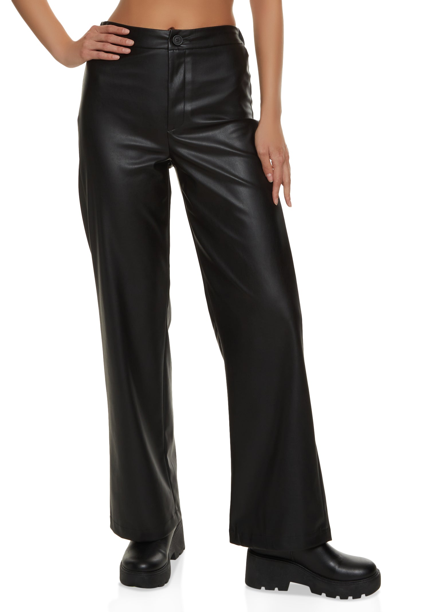 Womens Faux Leather Solid Wide Leg Pants, Black, Size M