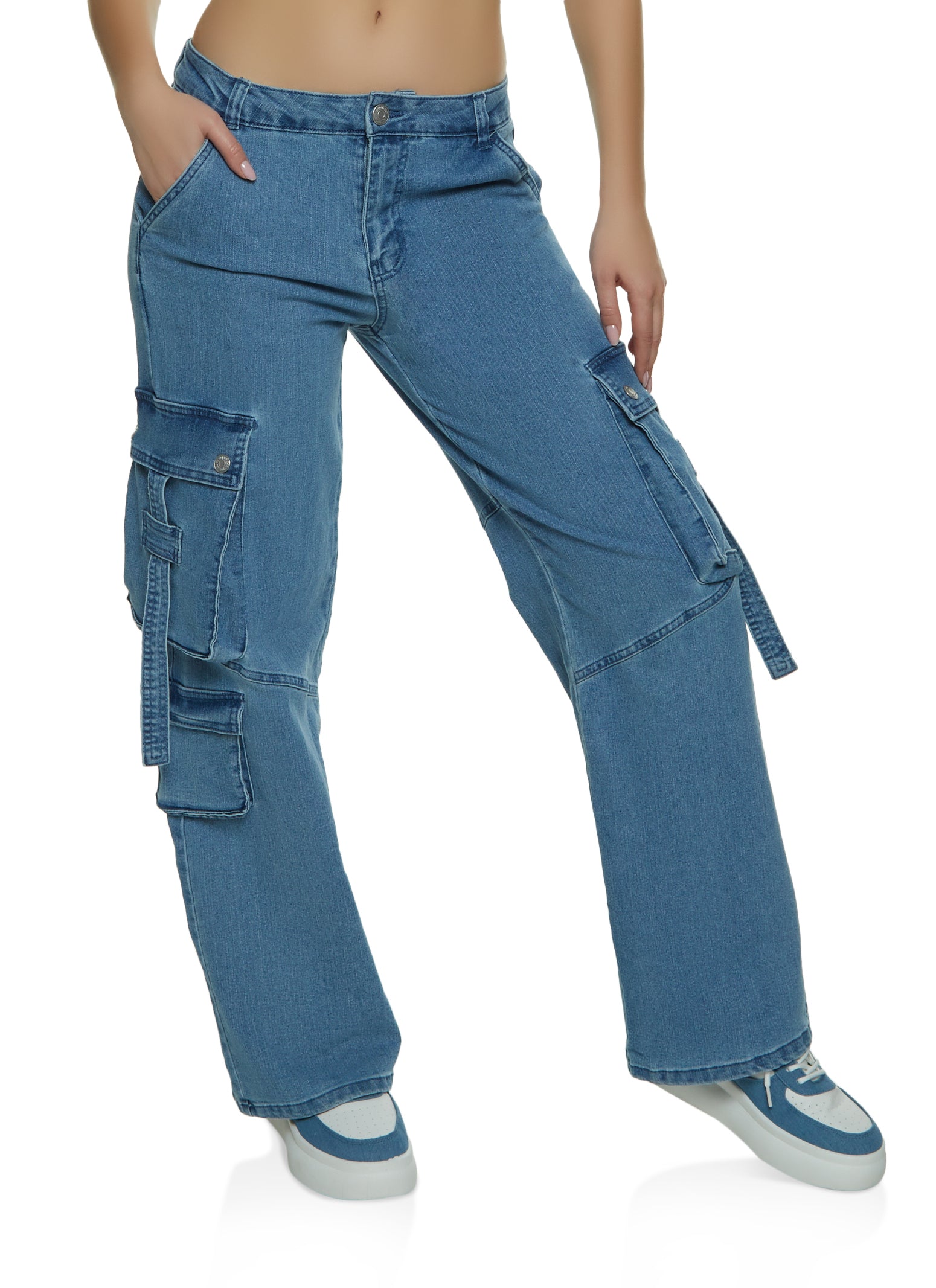 Womens Low Rise Wide Leg Cargo Jeans, Blue,