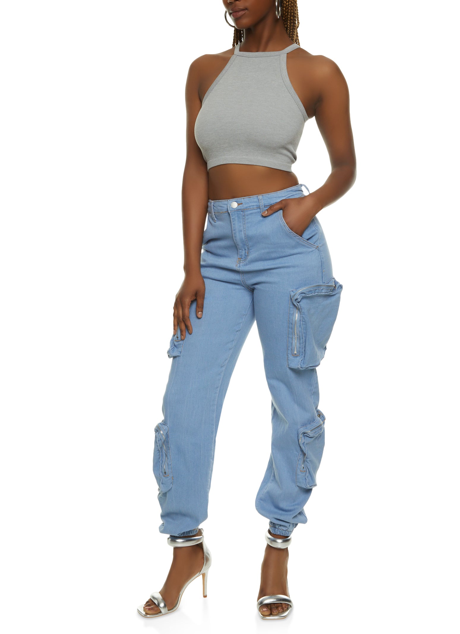 Womens Denim Utility High Waist Joggers, Blue,