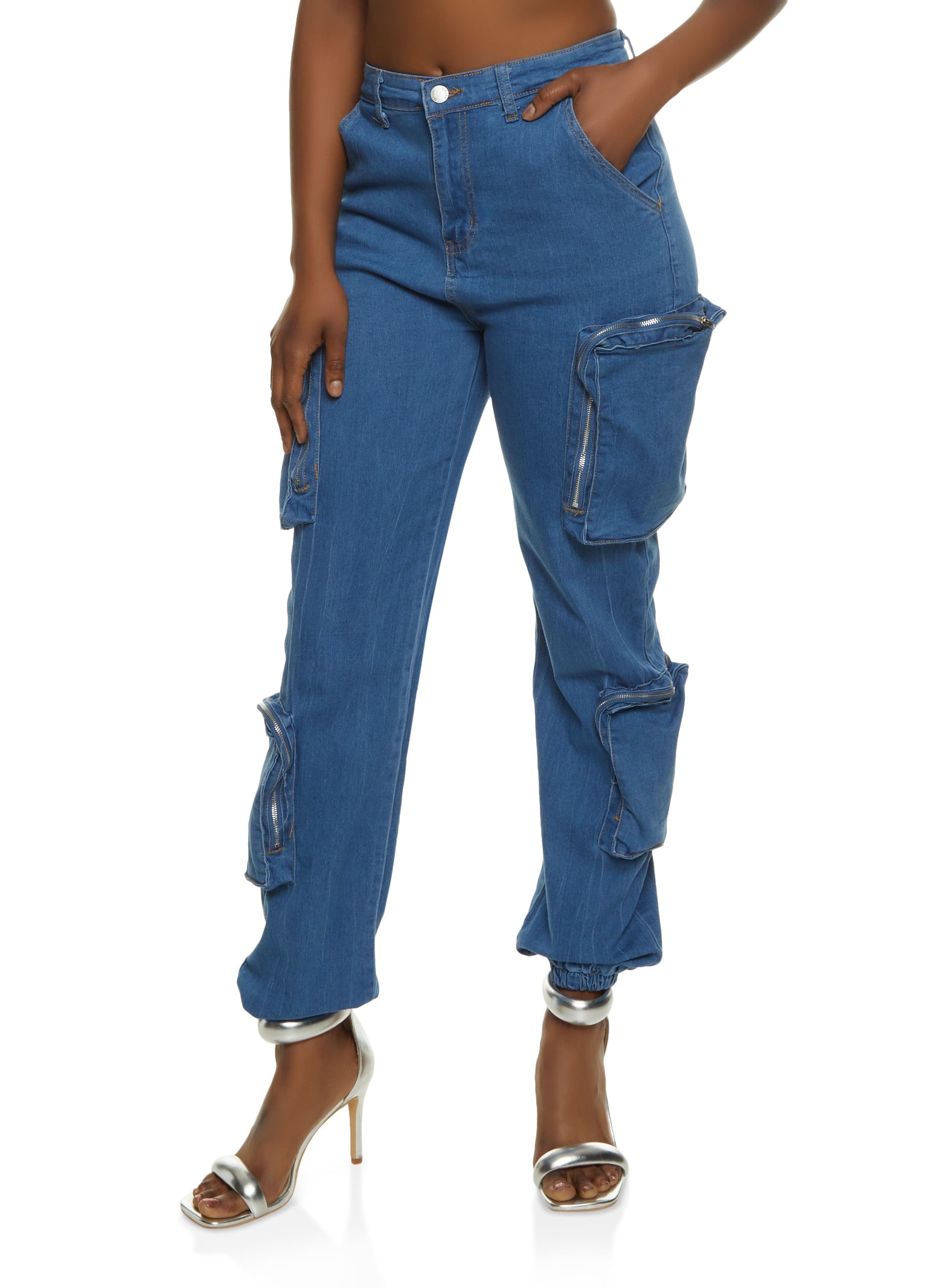 Womens Denim Utility High Waist Joggers, Blue,