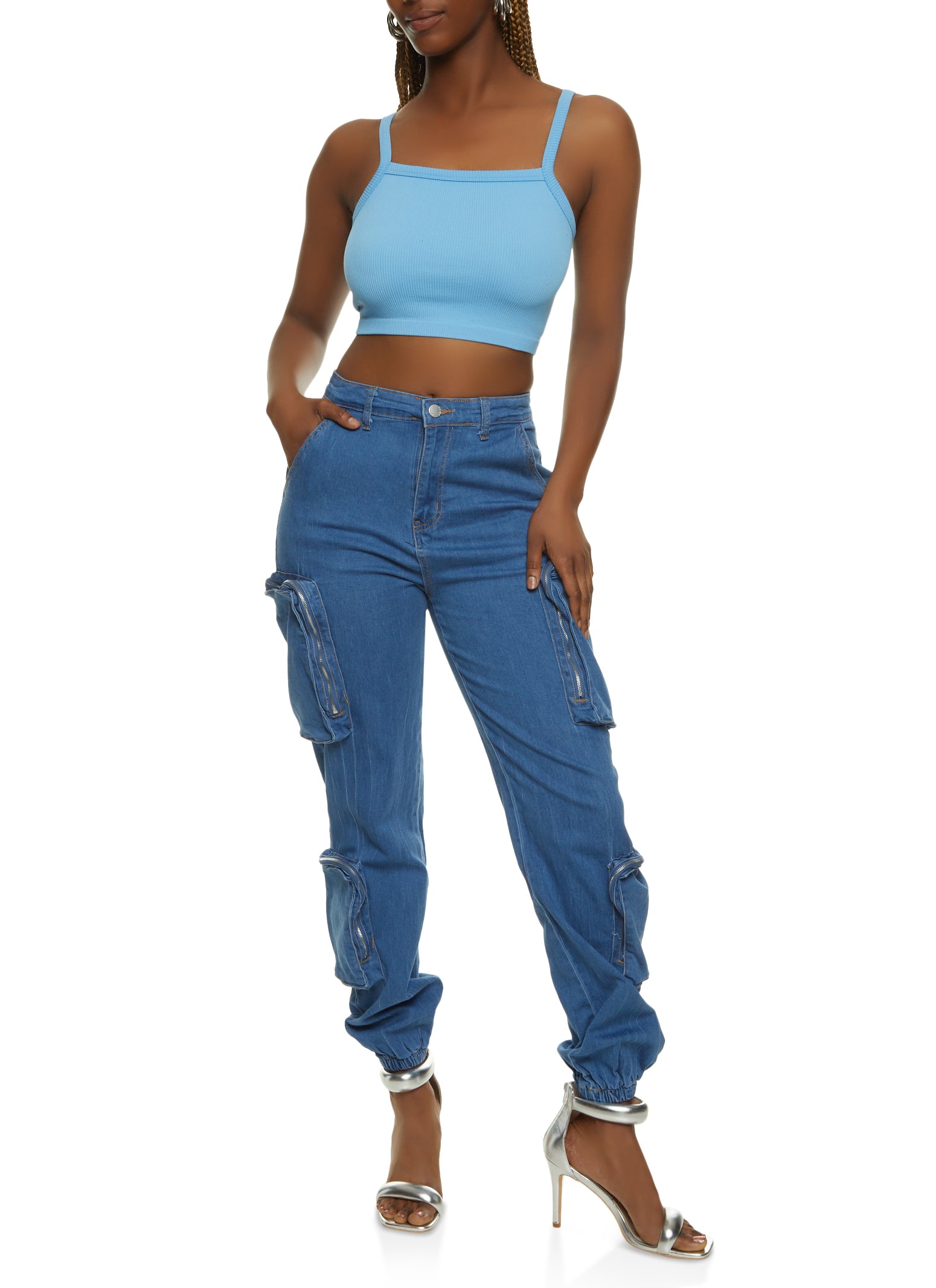 Womens Denim Utility High Waist Joggers, Blue,