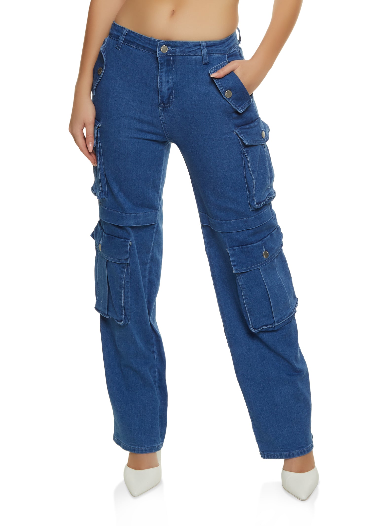 Women Stretch Pants Solid Color Mid-calf Length Flap Pockets
