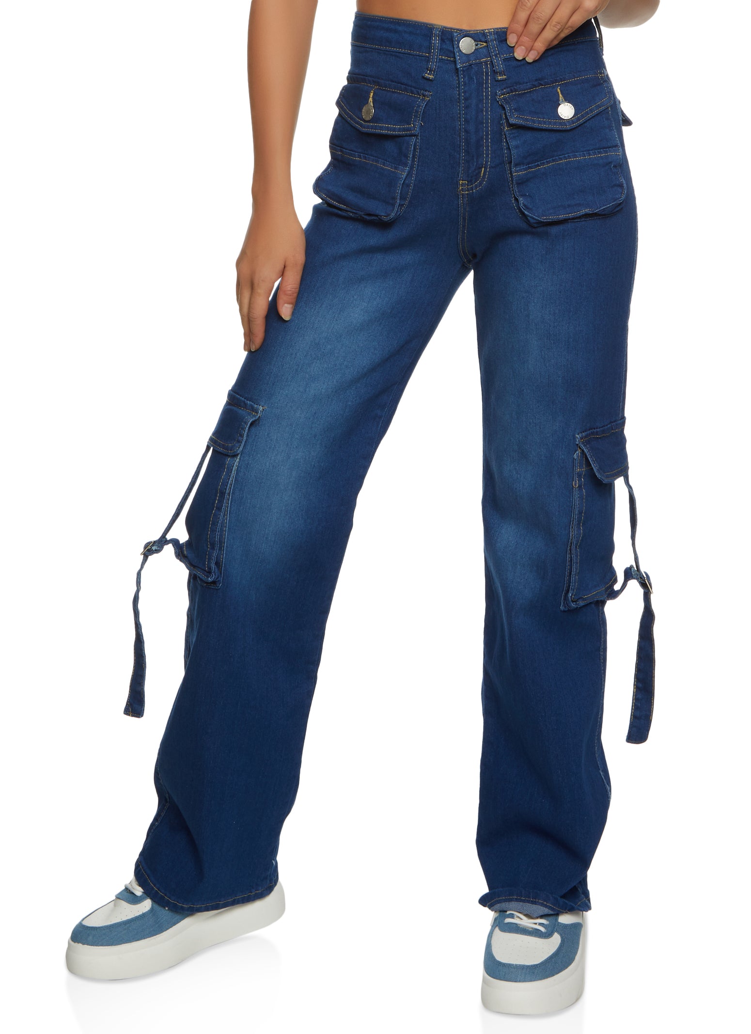 Womens Buckle Strap Wide Leg Cargo Jeans, Blue, Size XL