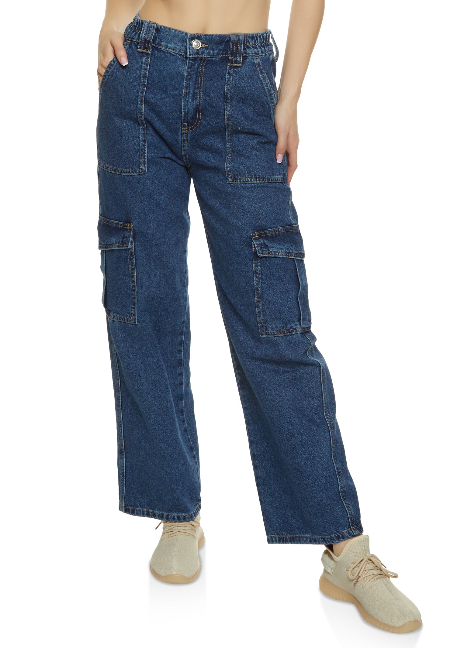 Womens WAX Wide Leg Cargo Jeans, Blue, Size M