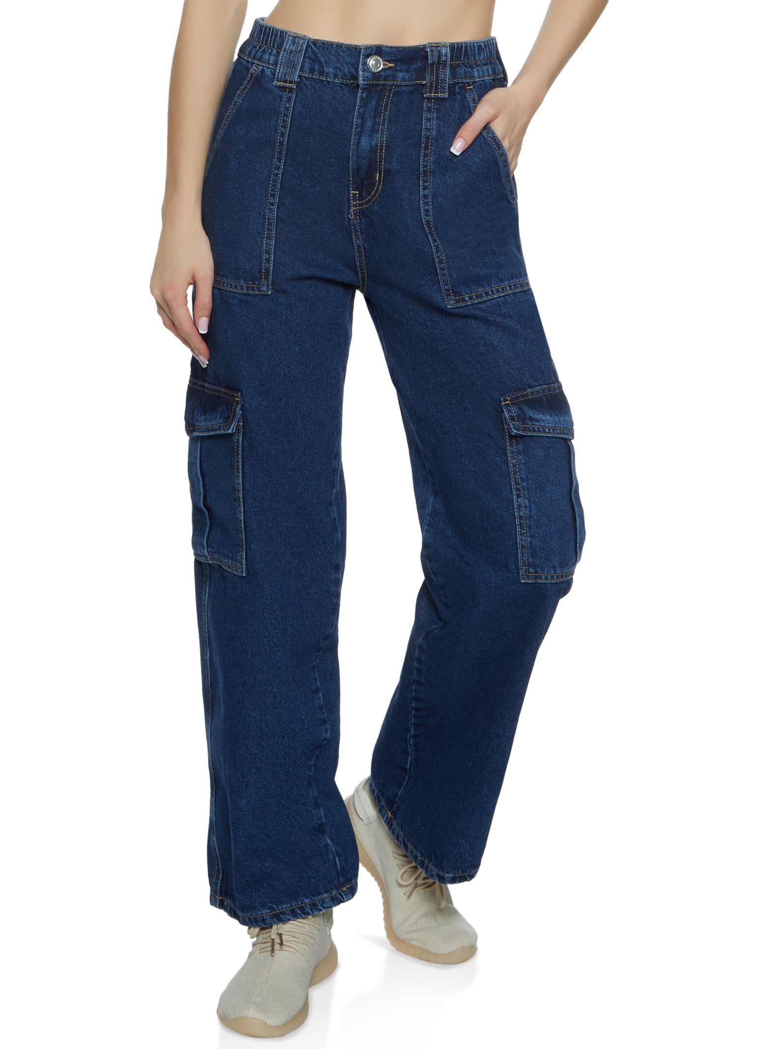 Womens WAX Wide Leg Cargo Jeans, Blue,
