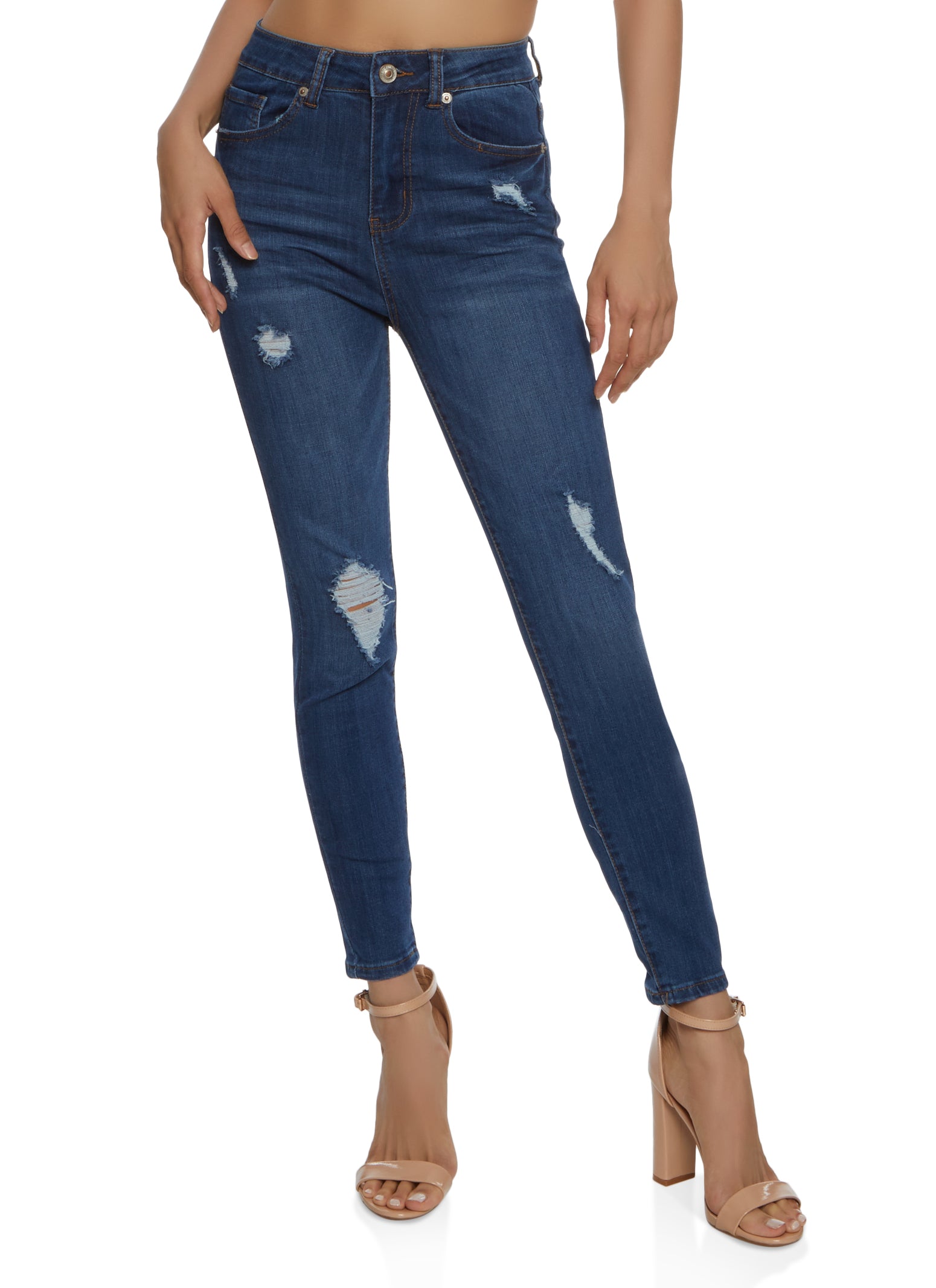 Womens WAX Stretch Distressed High Waisted Jeans, Blue,