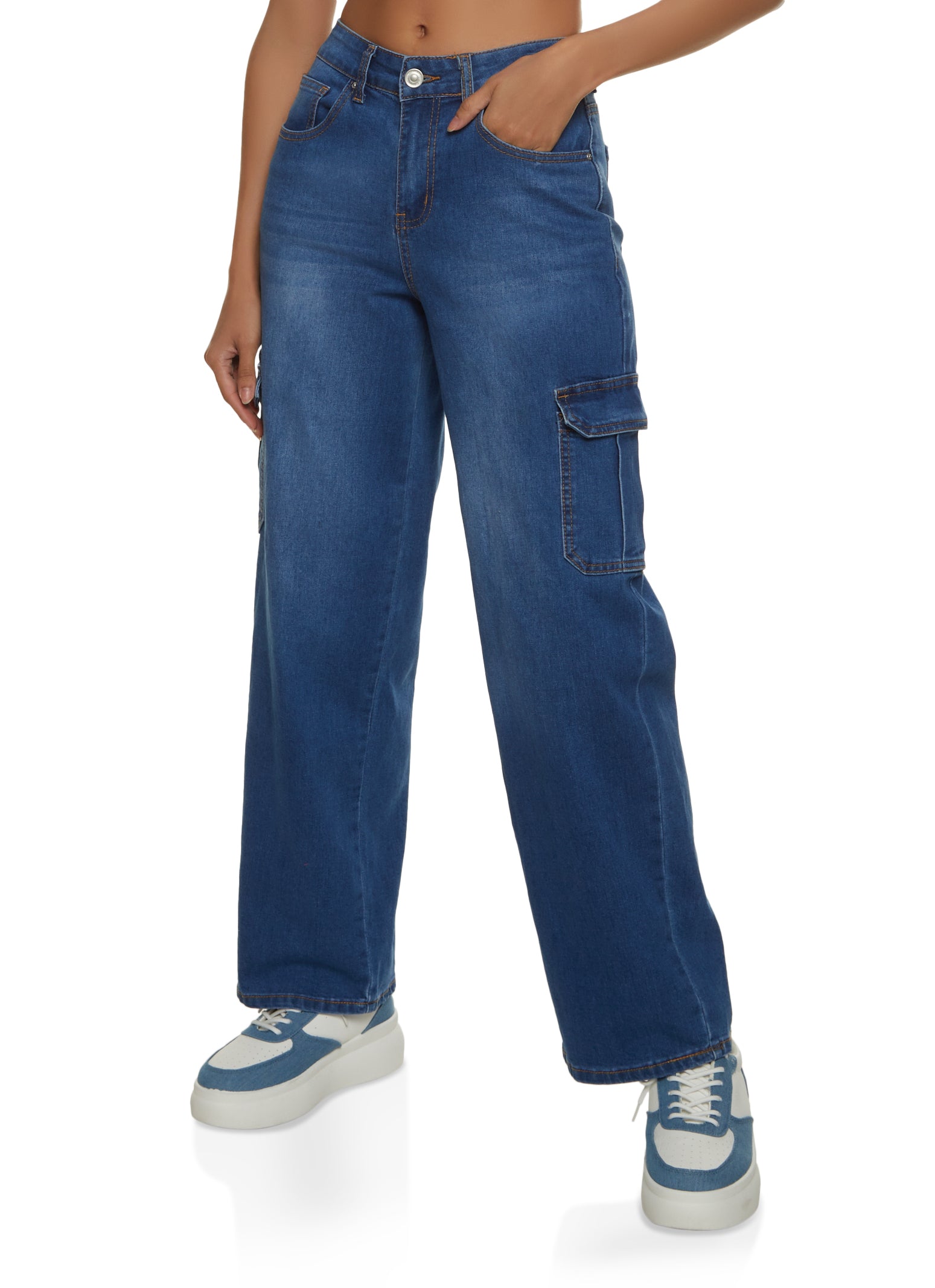 Womens WAX Straight Leg Cargo Jeans, Blue, Size 3