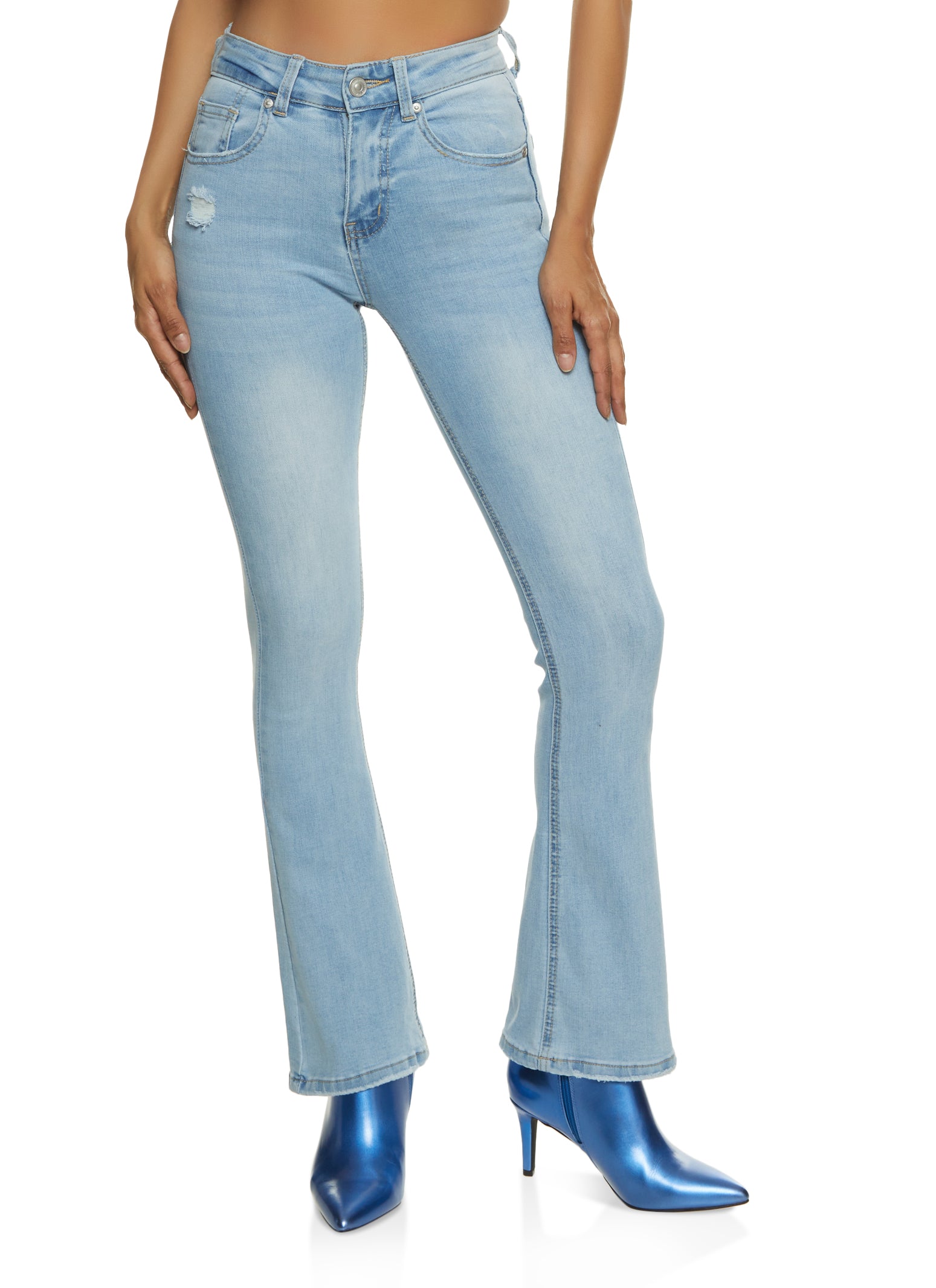 Womens WAX Whiskered High Waist Boot Cut Jeans, Blue,