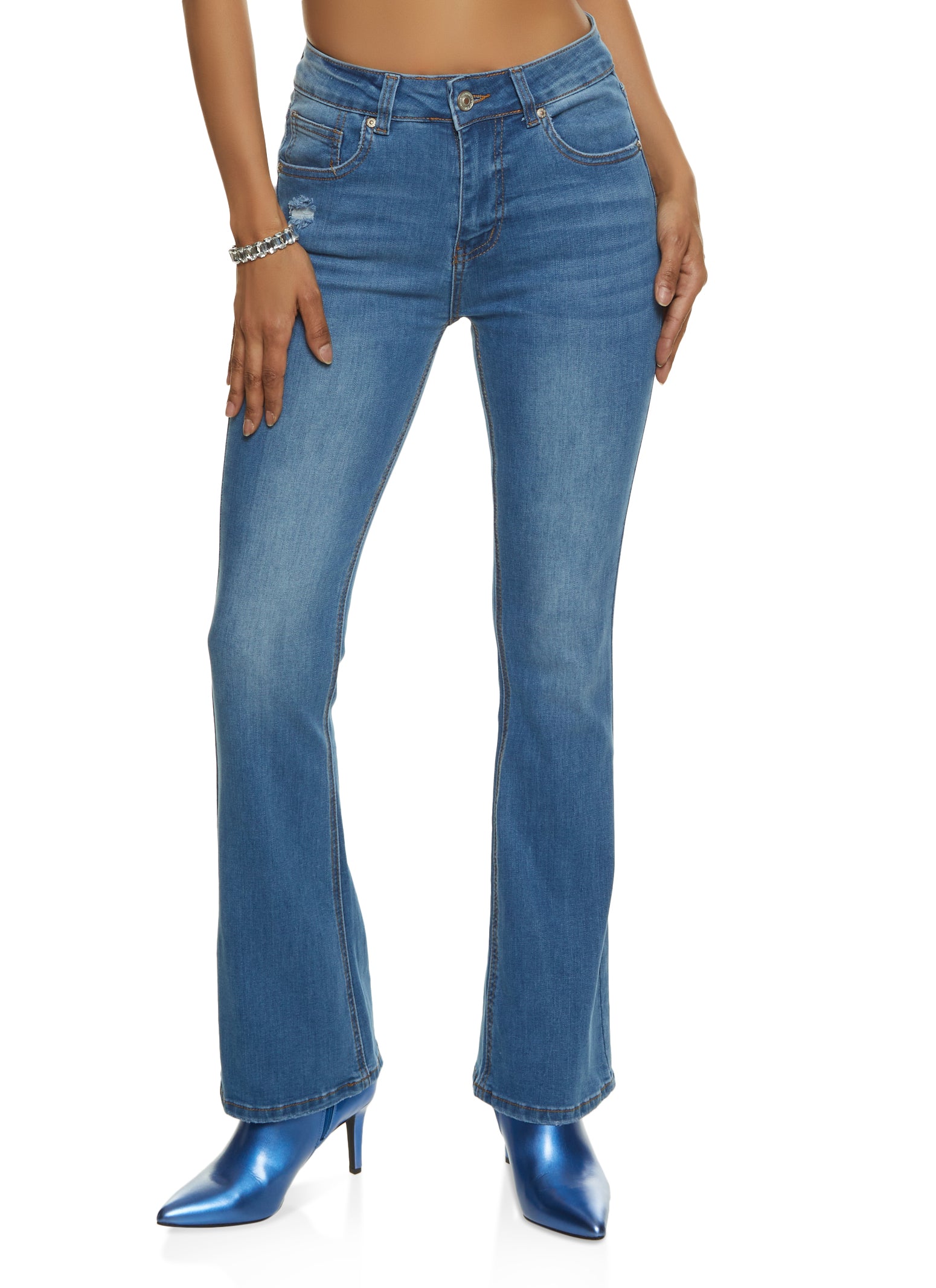 Womens WAX Whiskered High Waist Boot Cut Jeans, Blue,