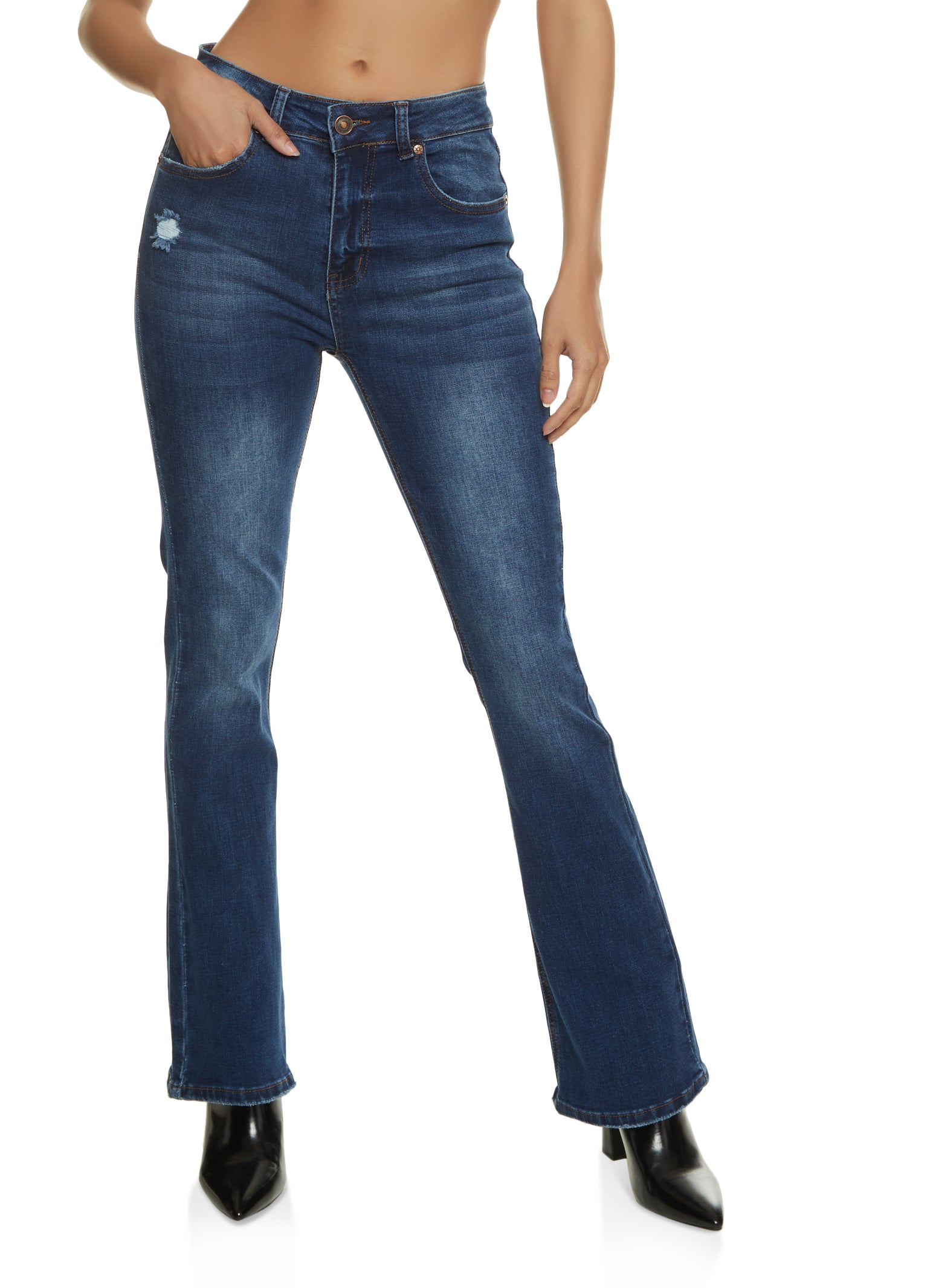 Womens WAX Whiskered High Waist Boot Cut Jeans, Blue,