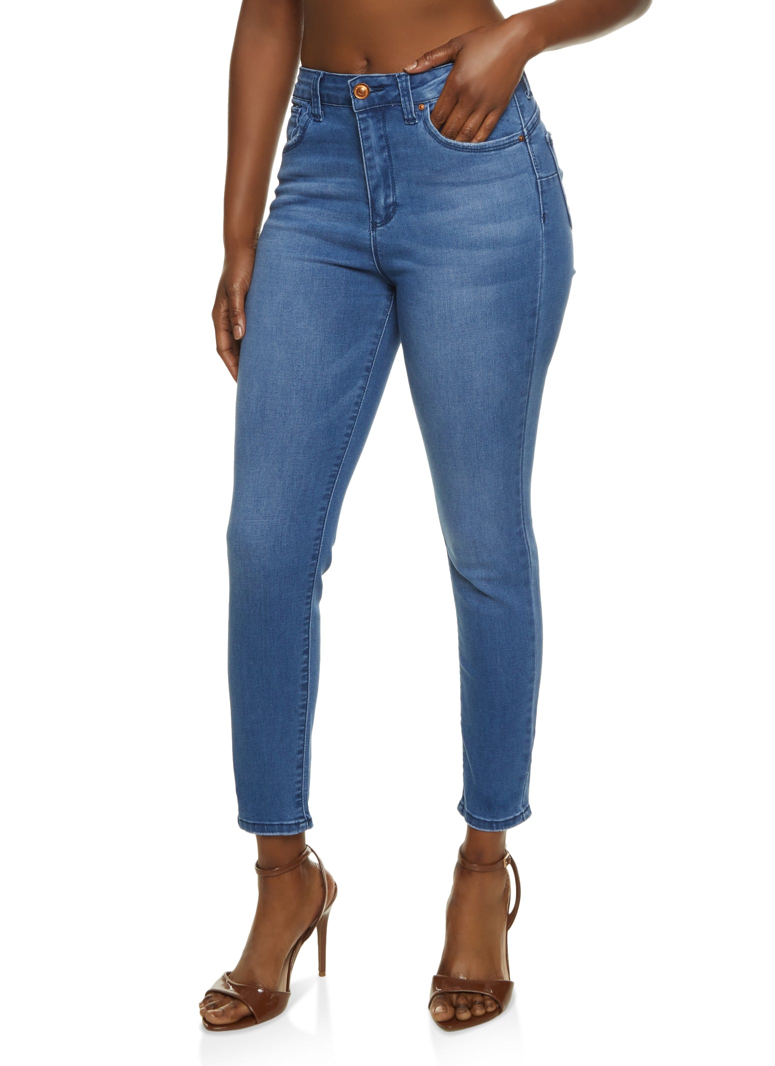 Womens WAX Solid High Waisted Skinny Jeans, Blue,