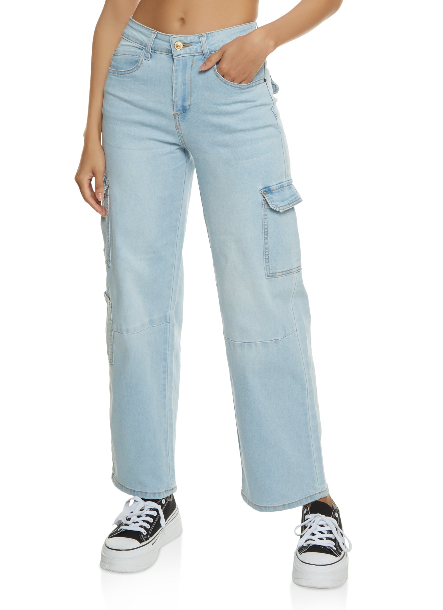 Womens WAX Wide Leg Flap Pocket Cargo Jeans, Blue,