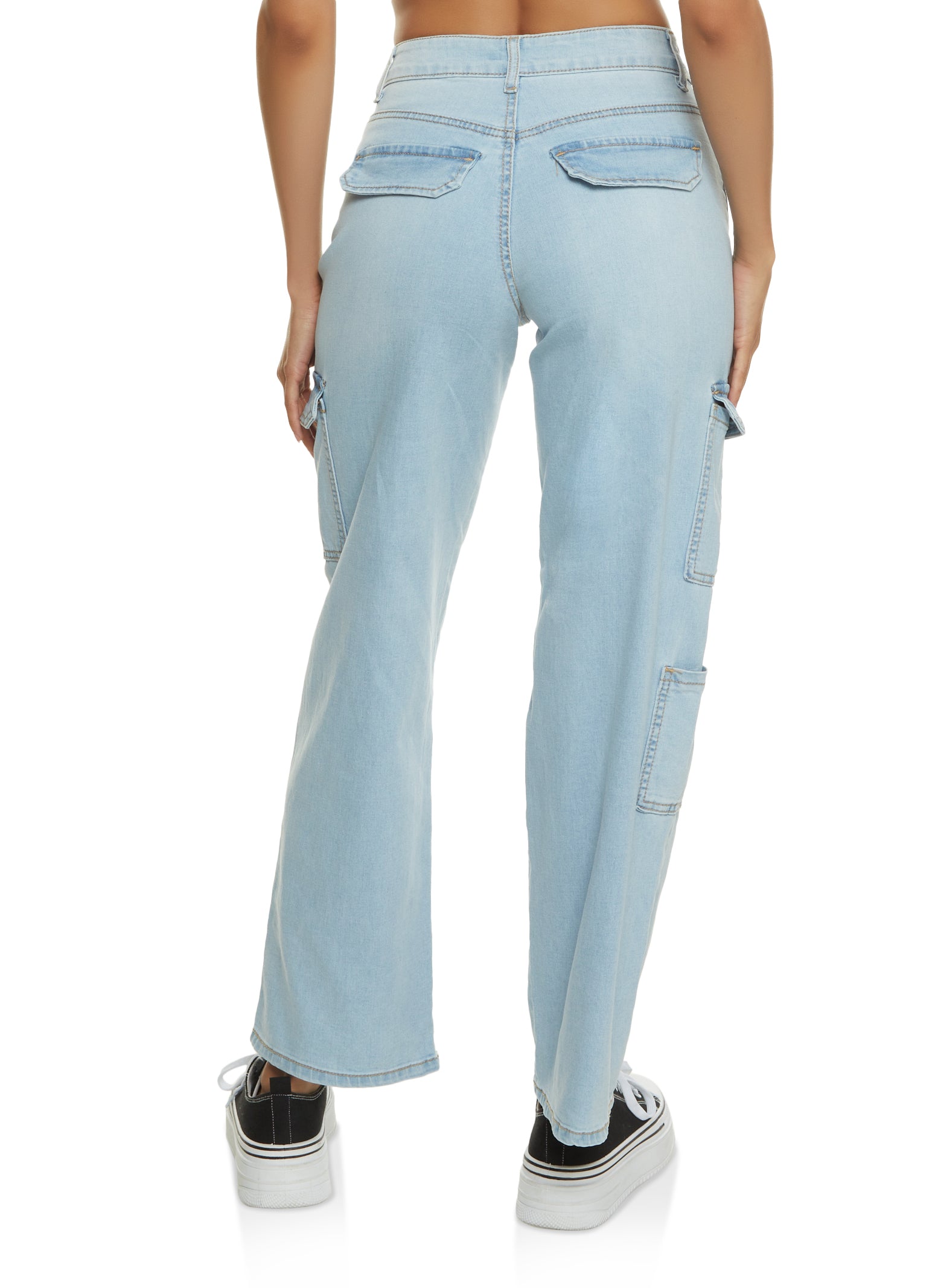 Womens WAX Wide Leg Flap Pocket Cargo Jeans, Blue, Size 1
