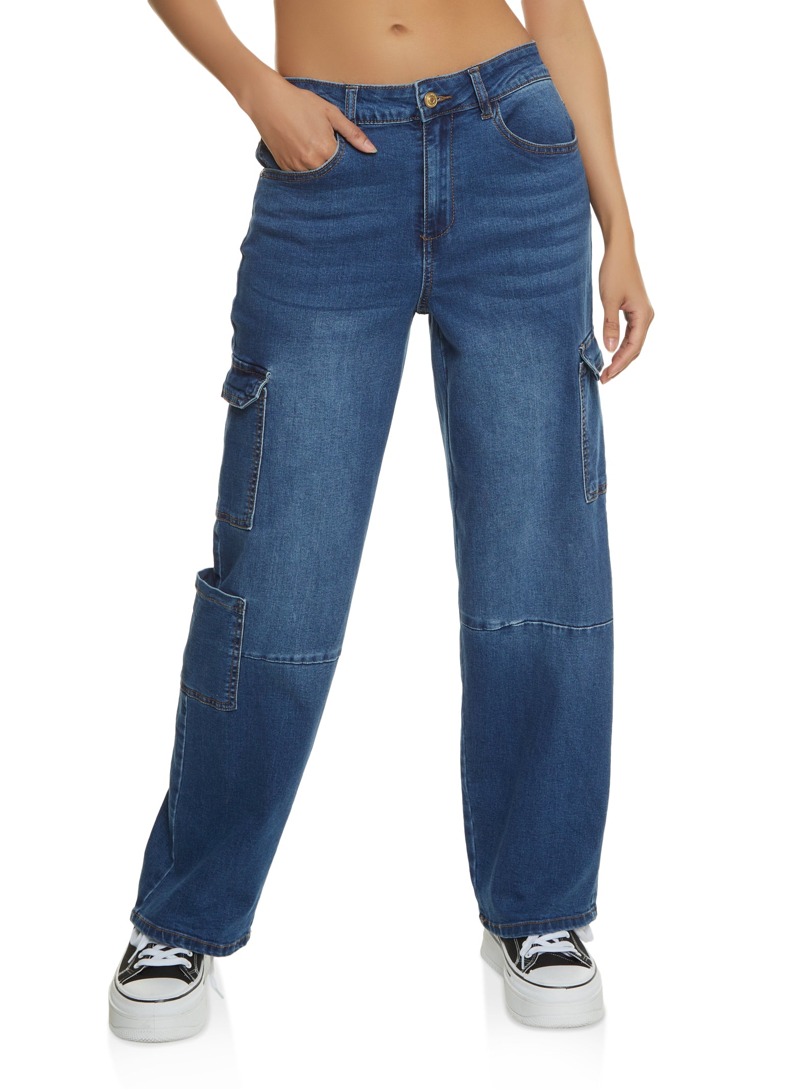 Womens WAX Wide Leg Flap Pocket Cargo Jeans, Blue,