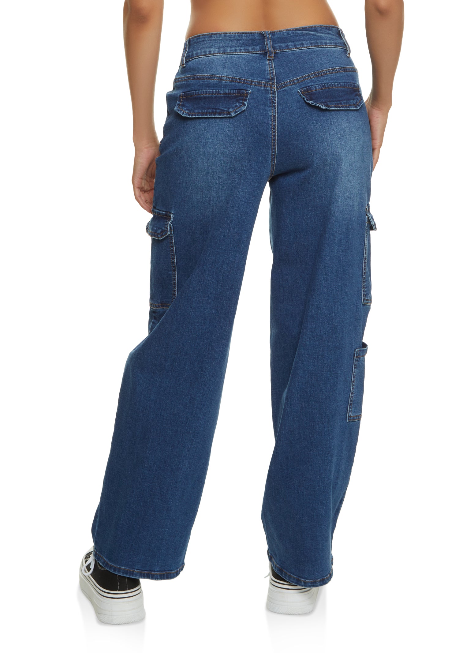 Womens WAX Wide Leg Flap Pocket Cargo Jeans, Blue,