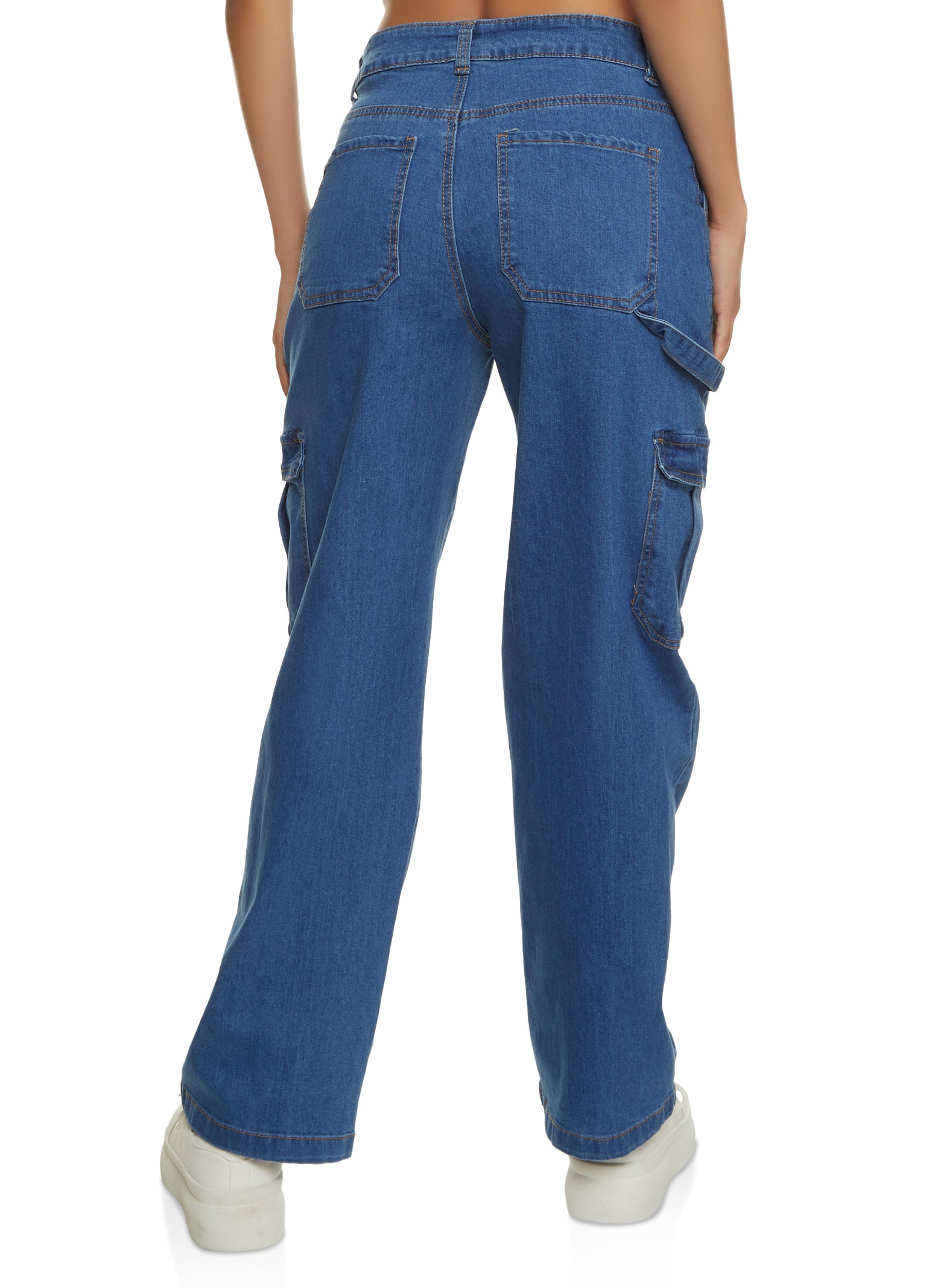 Womens WAX Wide Leg Pocket Detail Cargo Jeans, Blue,