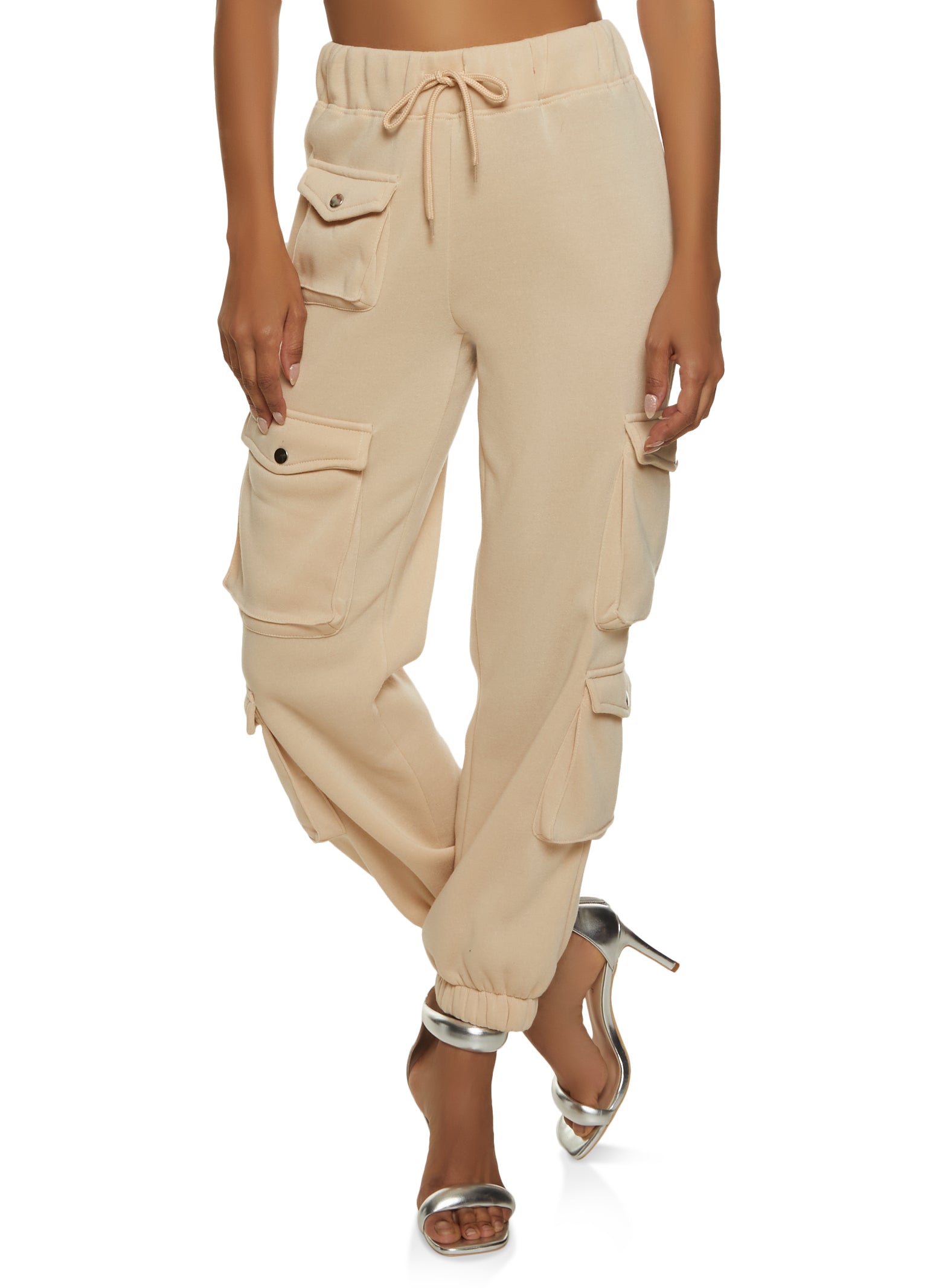 Womens Fleece Solid Drawstring Cargo Joggers, Khaki,