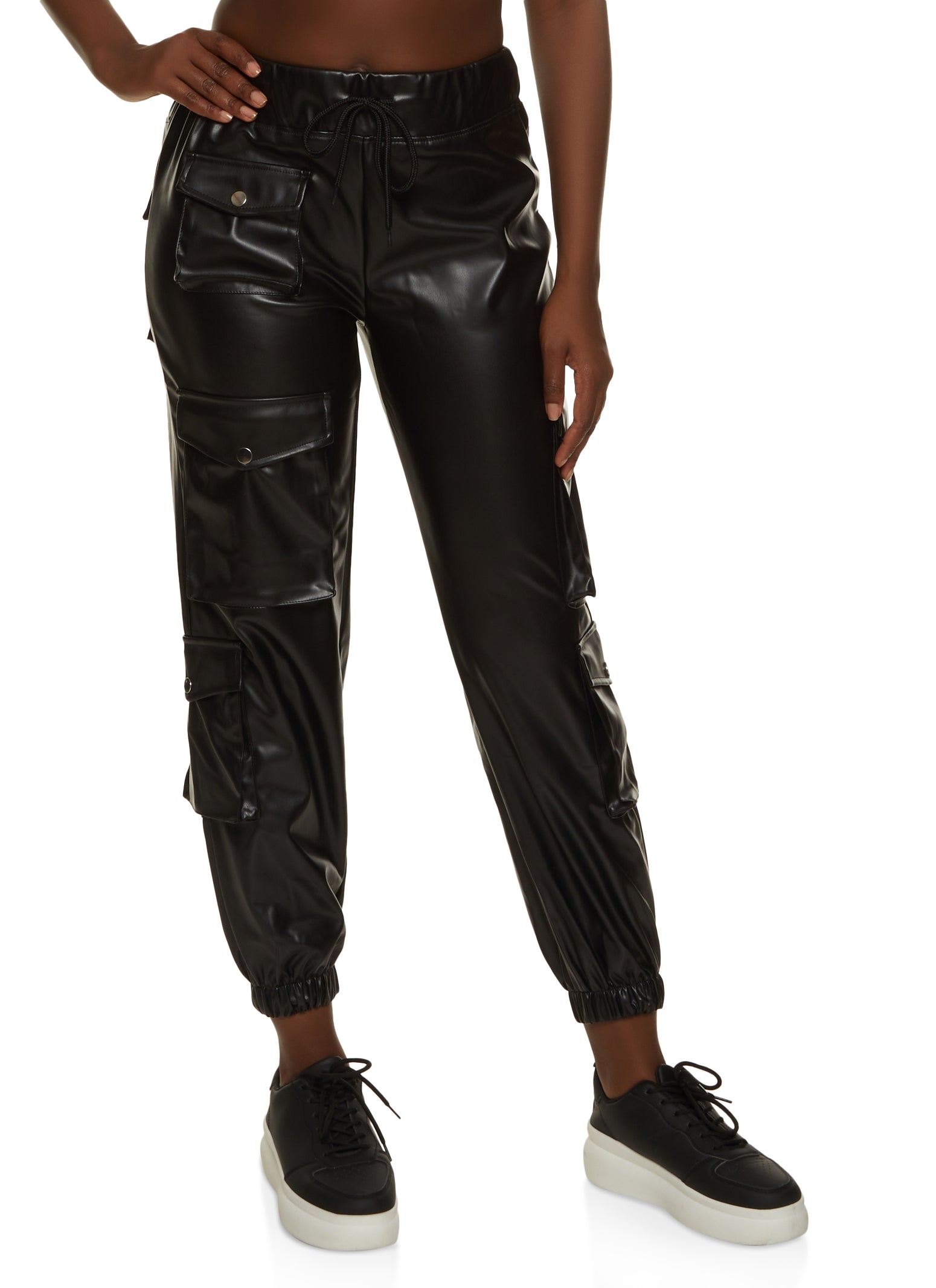 Womens Faux Leather Drawstring Cargo Joggers,