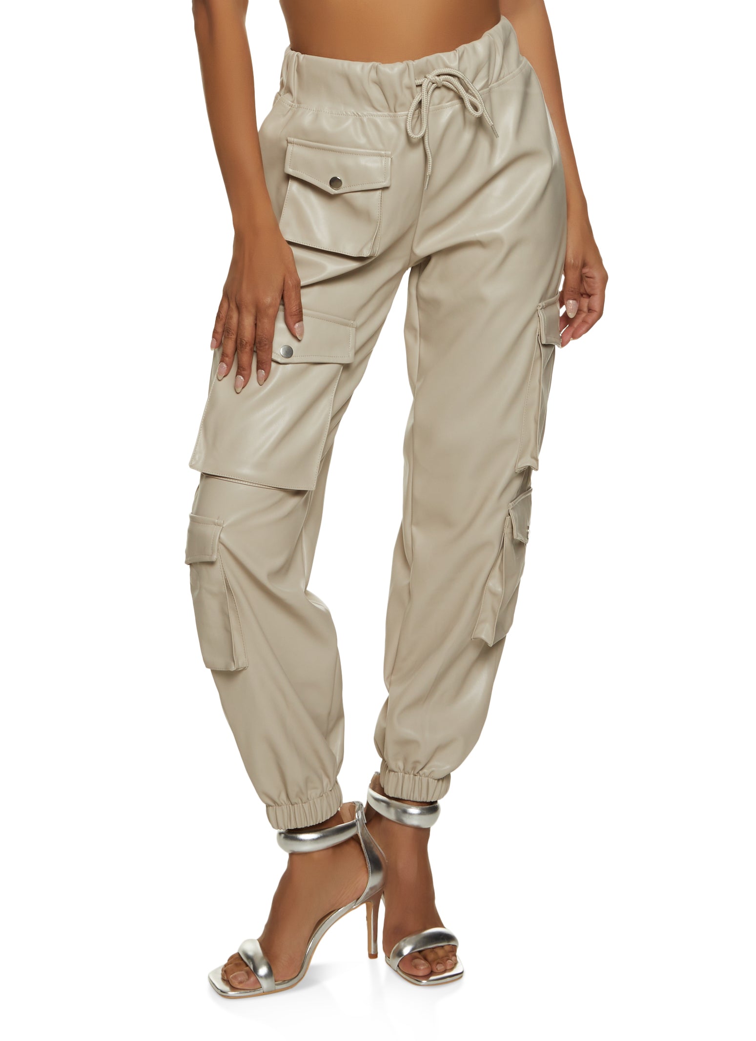 Womens Faux Leather Drawstring Cargo Joggers, Khaki, Size M