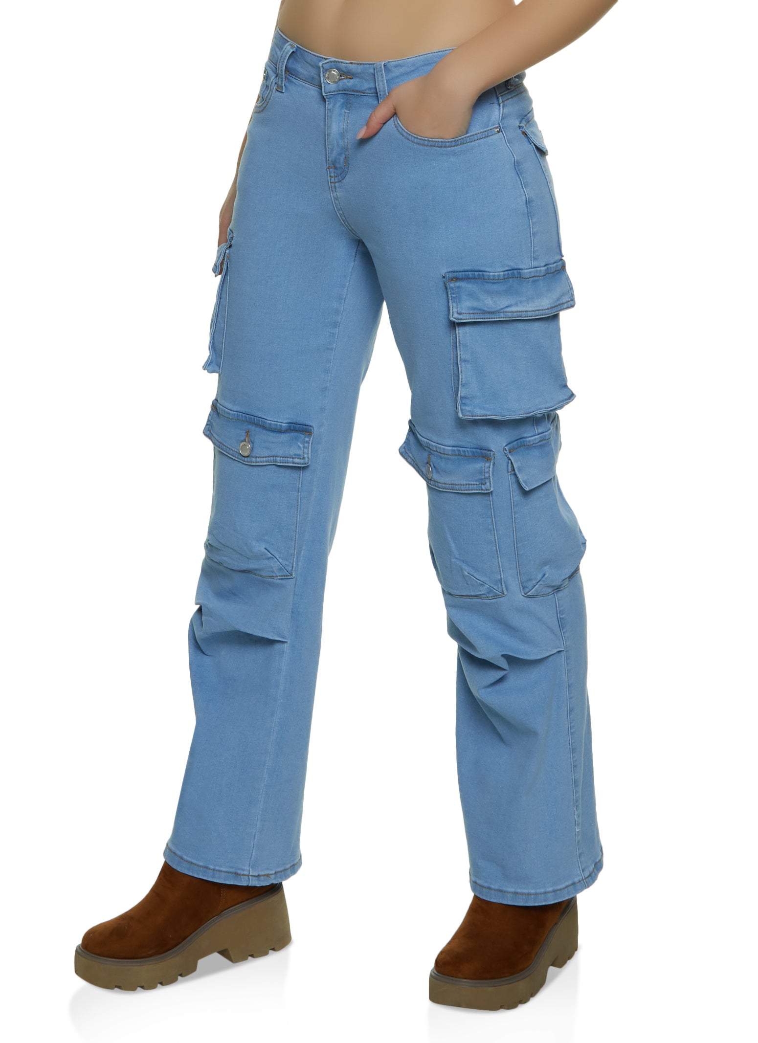 Womens Low Rise Wide Leg Cargo Jeans, Blue