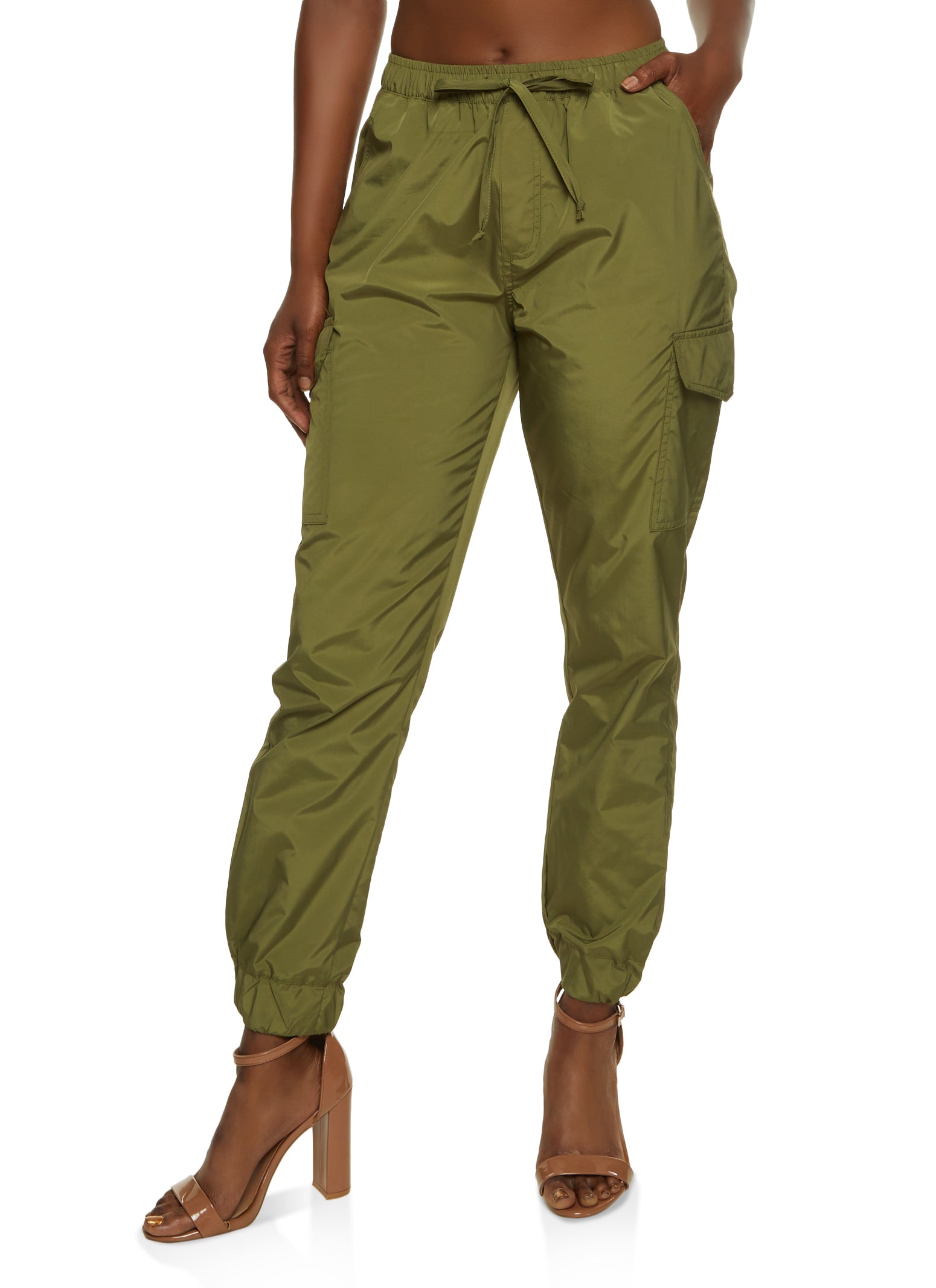 Womens Nylon Cargo Pocket Joggers, Green, Size M