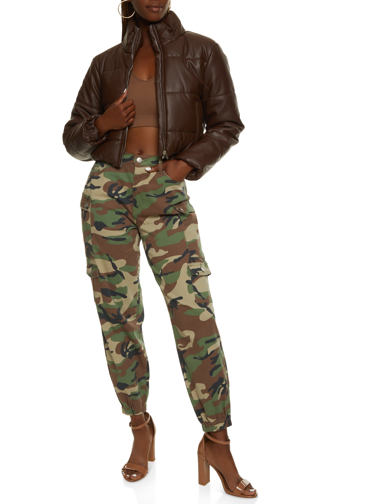 Womens Twill Camouflage Cargo Joggers, Green, Size L