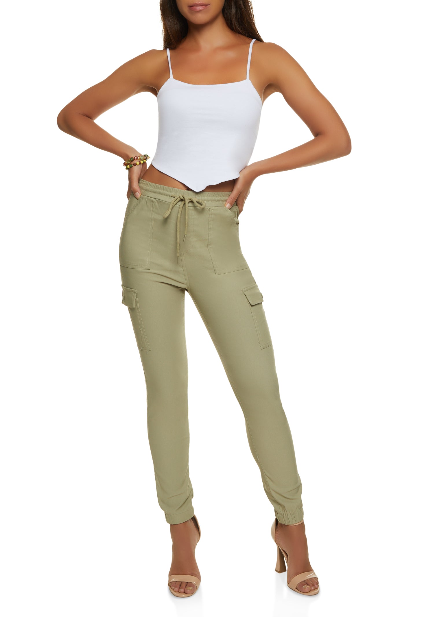 Hyperstretch Rolled Cuff Drawstring Waist Pants - White