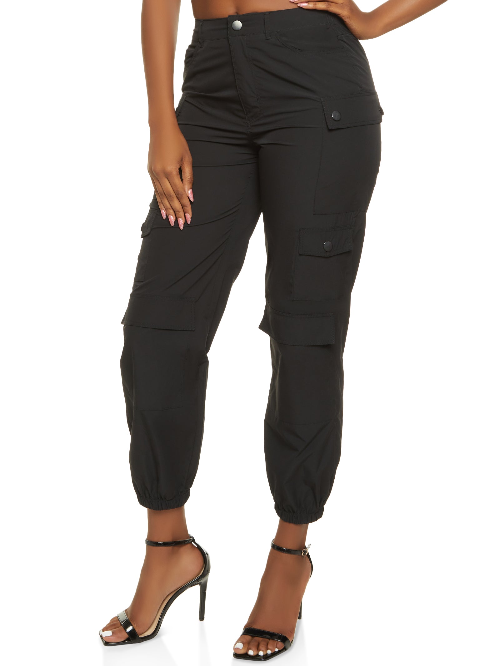 Womens Nylon Flap Pocket Cargo Joggers, Black, Size M