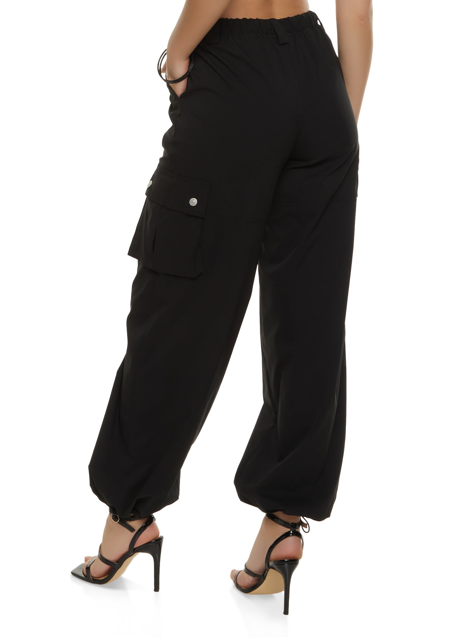 Womens High Waist Cargo Parachute Pants, Black, Size L