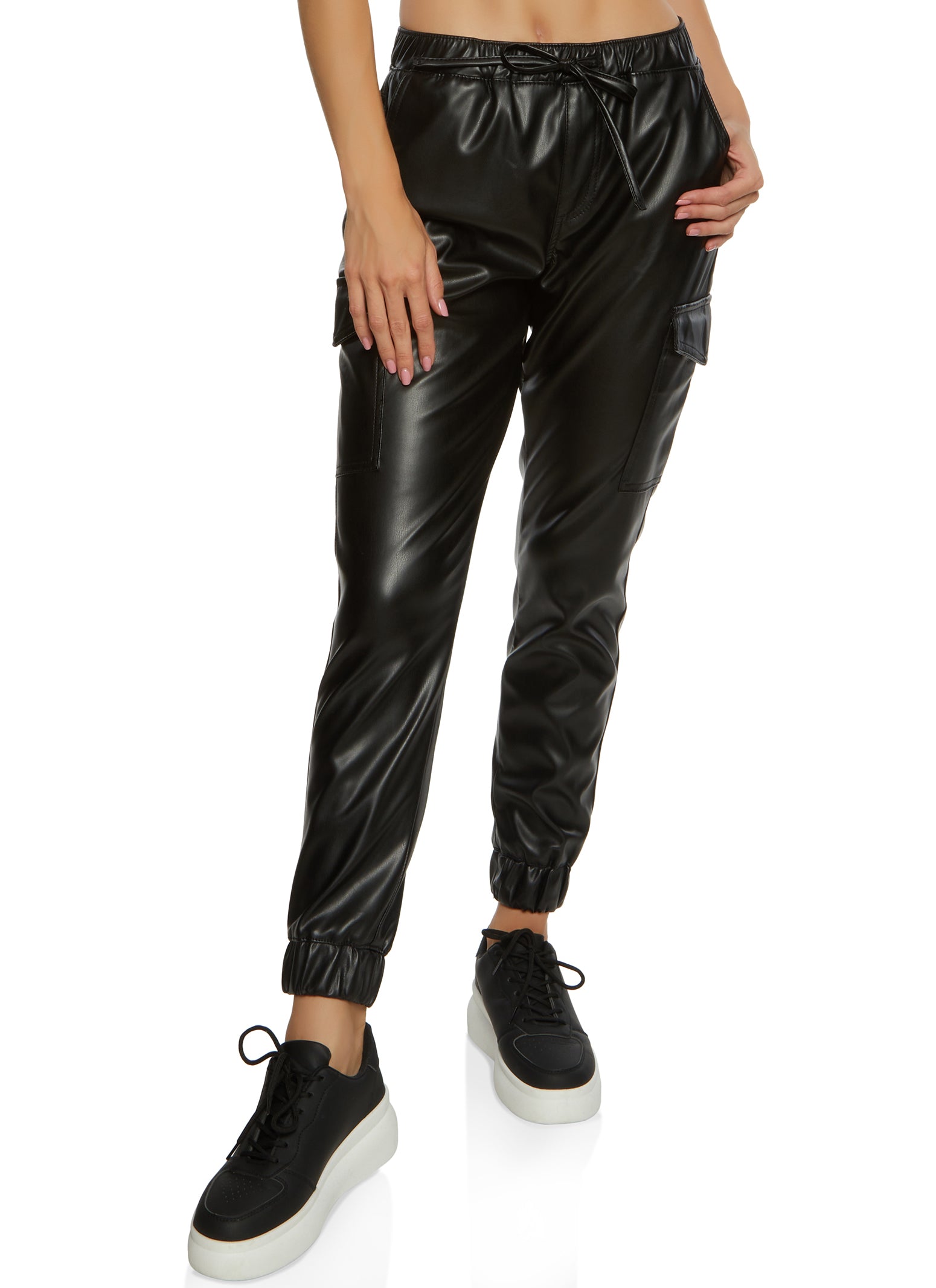 Womens Faux Leather High Waist Cargo Pocket Joggers,