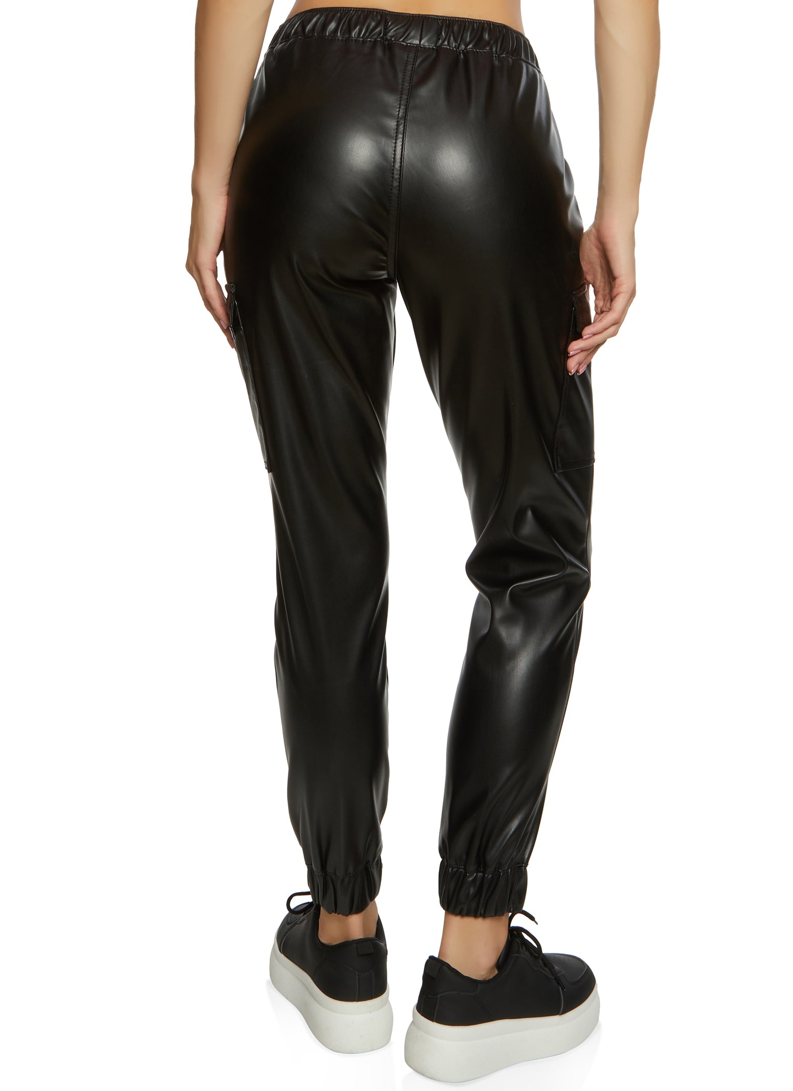 Womens Faux Leather High Waist Cargo Pocket Joggers,