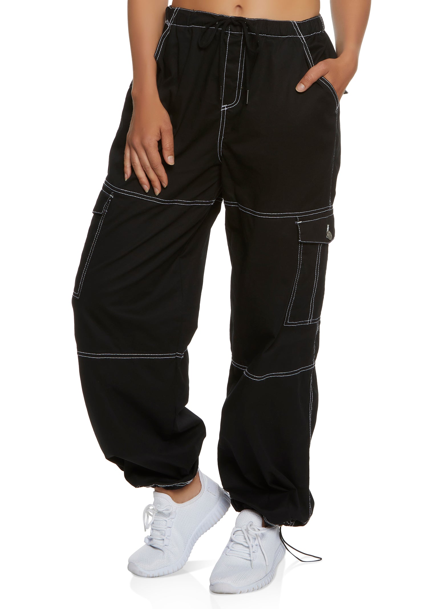 Rainbow Shops Womens Nylon Flap Pocket Cargo Joggers, Black, Size XL