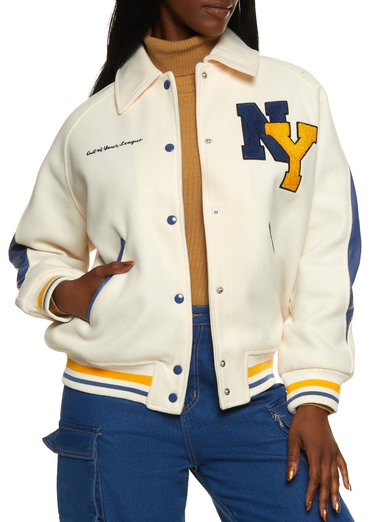 Womens Faux Leather Sleeve Varsity Jacket, Taupe, Size M | Rainbow Shops