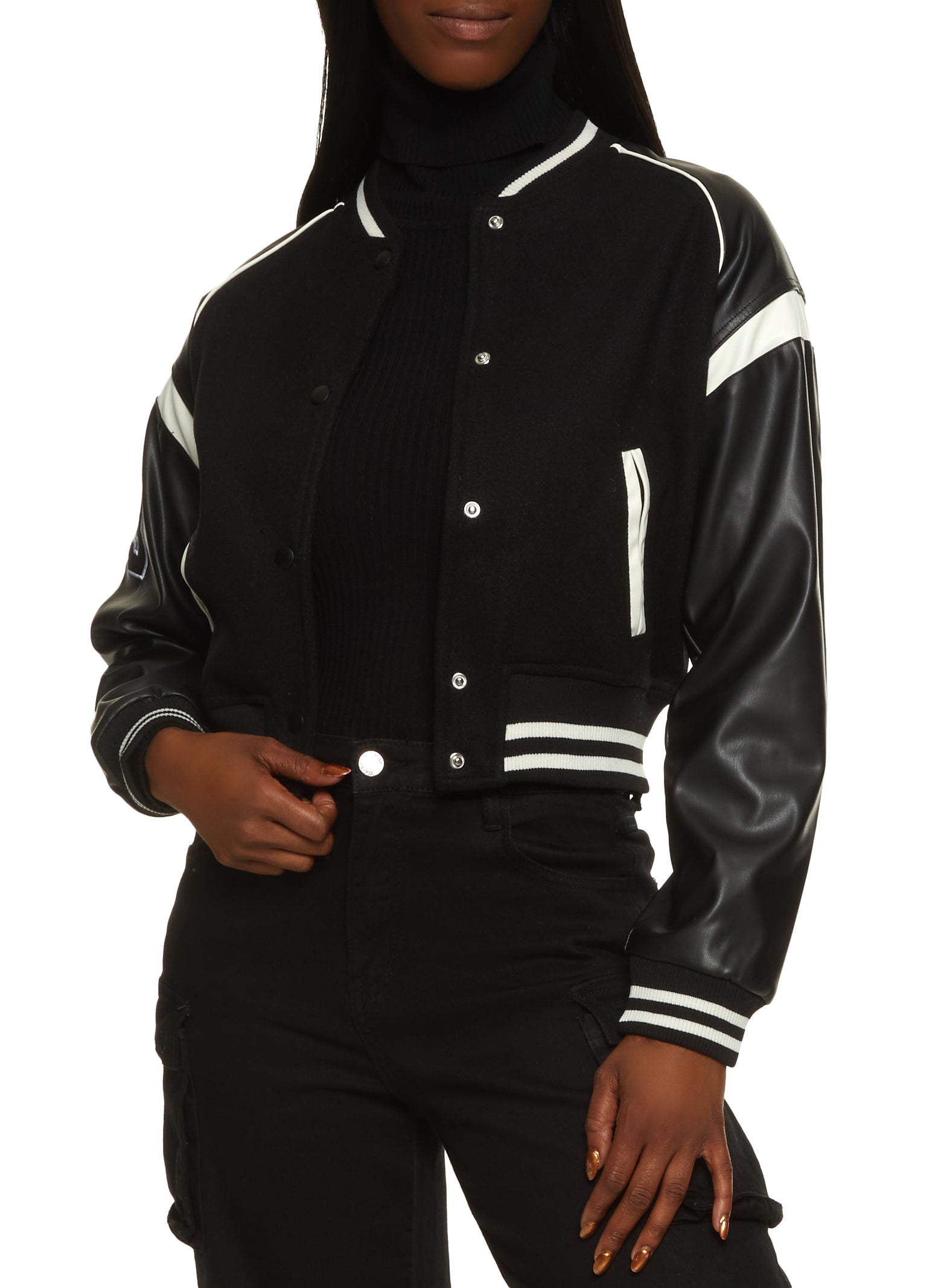 Womens Faux Leather Sleeve Varsity Jacket, Taupe, Size M | Rainbow Shops