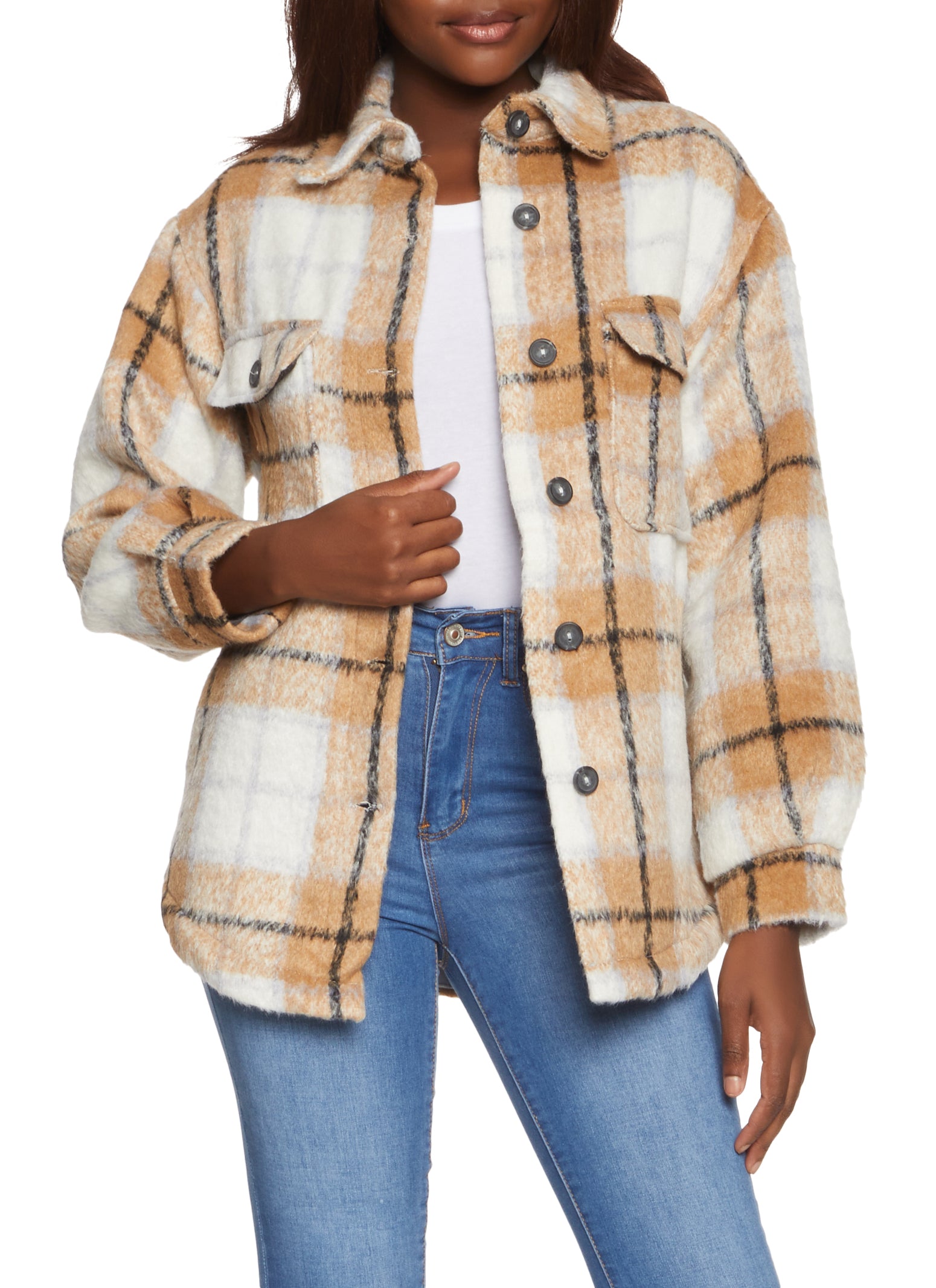 Button Front Plaid Wool Shacket