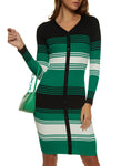 V-neck Ribbed Long Sleeves Knit Sweater Striped Print Midi Dress