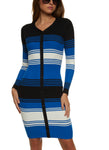 V-neck Striped Print Long Sleeves Ribbed Knit Sweater Midi Dress