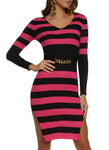 V-neck Sweater Knit Striped Print Long Sleeves Slit Ribbed Midi Dress