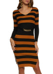 V-neck Sweater Long Sleeves Striped Print Slit Ribbed Knit Midi Dress