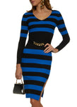 V-neck Sweater Ribbed Slit Knit Long Sleeves Striped Print Midi Dress