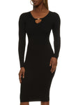 V-neck Long Sleeves Sweater Knit Keyhole Ribbed Midi Dress With Rhinestones