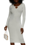 V-neck Long Sleeves Sweater Ribbed Keyhole Knit Midi Dress With Rhinestones