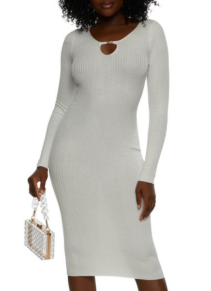 V-neck Knit Sweater Long Sleeves Keyhole Ribbed Midi Dress With Rhinestones